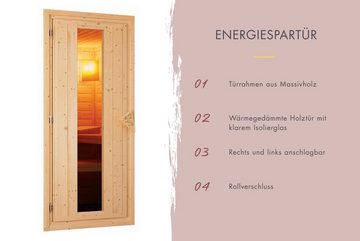 Karibu Sauna "Leona" mit Kranz und Energiespartür Ofen 9 KW externe Strg modern, BxTxH: 259 x 245 x 202 cm, 38 mm, aus hochwertiger nordischer Fichte