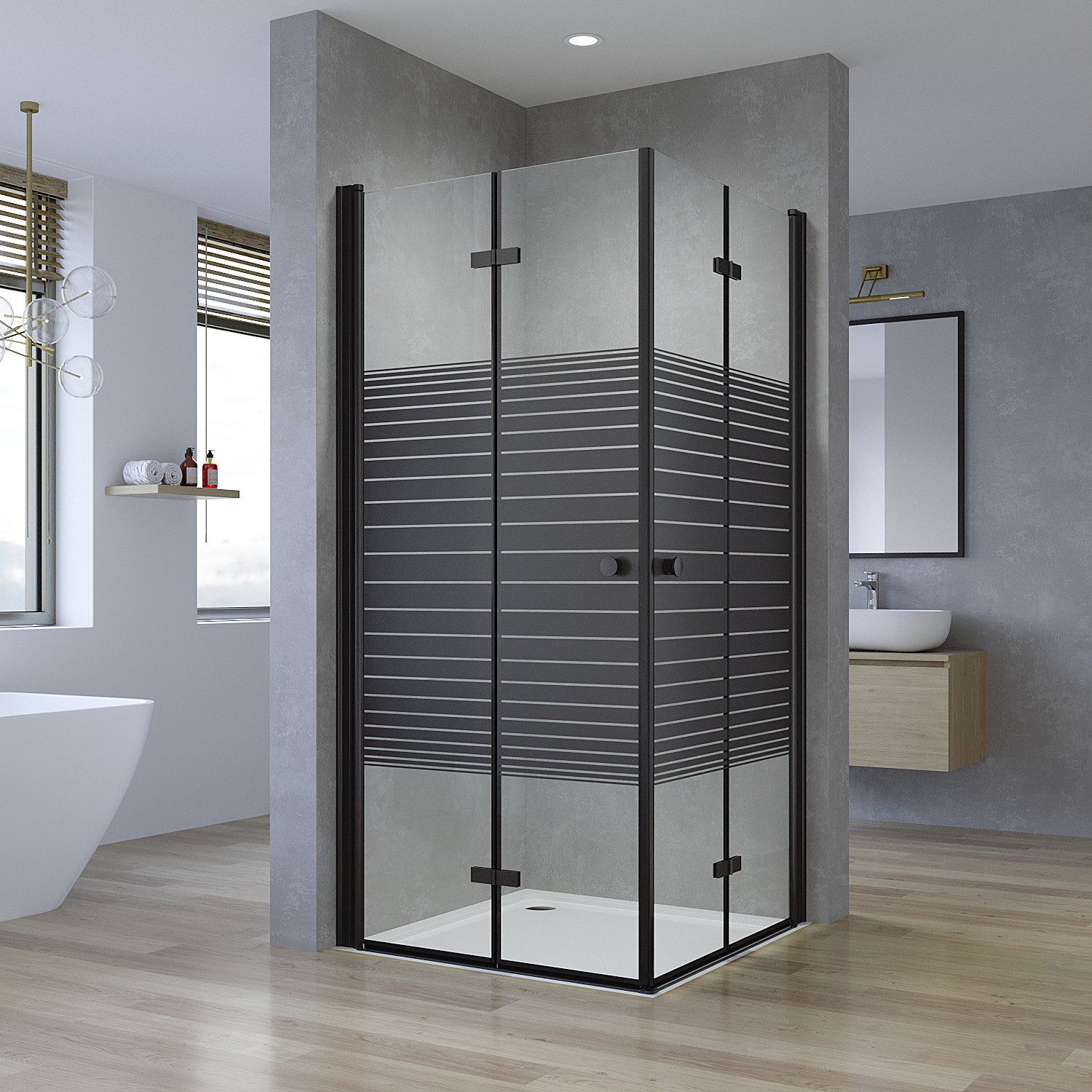 AQUALAVOS Eckdusche Duschkabine Ecke Schwarz mit Pendeltüren Klappbar Streifendekor Dusche, BxT: 70x70 cm, 5 mm ESG-Sicherheitsglas, Modernes Loft-Design 15 mm großer Verstellbereich Heb-/Senk-Funktion