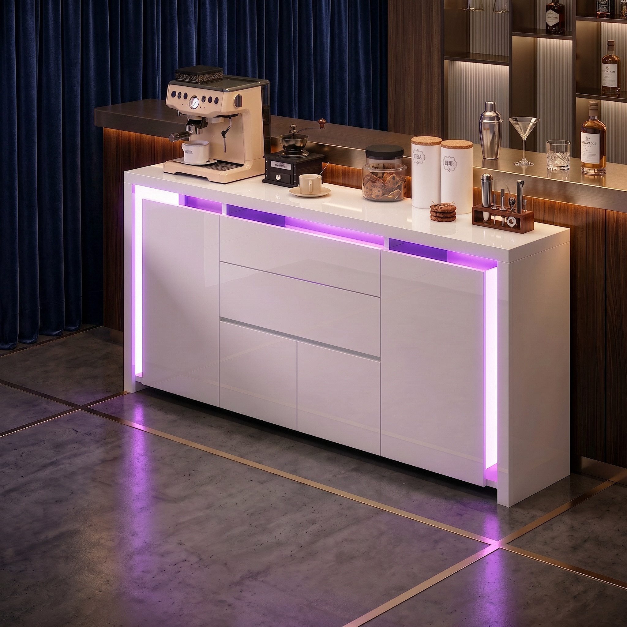 Gdood Sideboard mit 4 Türen, LED Hochglanz Schränke Kommode Buffet (1 St., für Esszimmer Schlafzimmer Wohnzimmer Flur, 160x35x75cm Highboard), Küchenmöbel, mit stabilen Eisenrahmenbeinen
