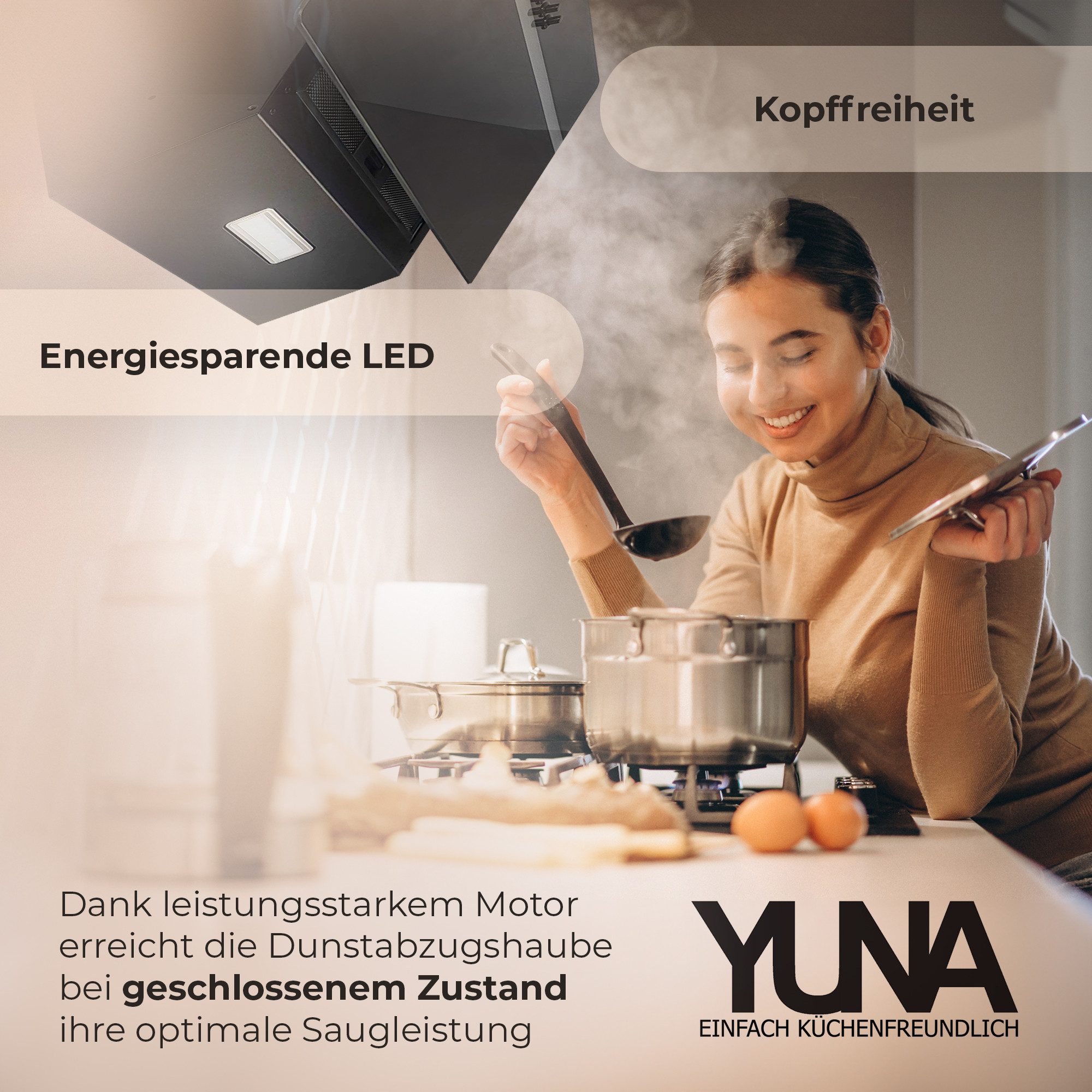 YUNA Kopffreihaube Dunstabzugshaube Schräghaube DUSANKA, 60 cm, Umluft, Abluft, schwarz Dunstabzugshaube Schräghaube DUSANKA, 60 cm, Umluft, Abluft, schwarz, 60cm breit, LED-Beleuchtung, Abluft & Umluft, schwarzes Glas