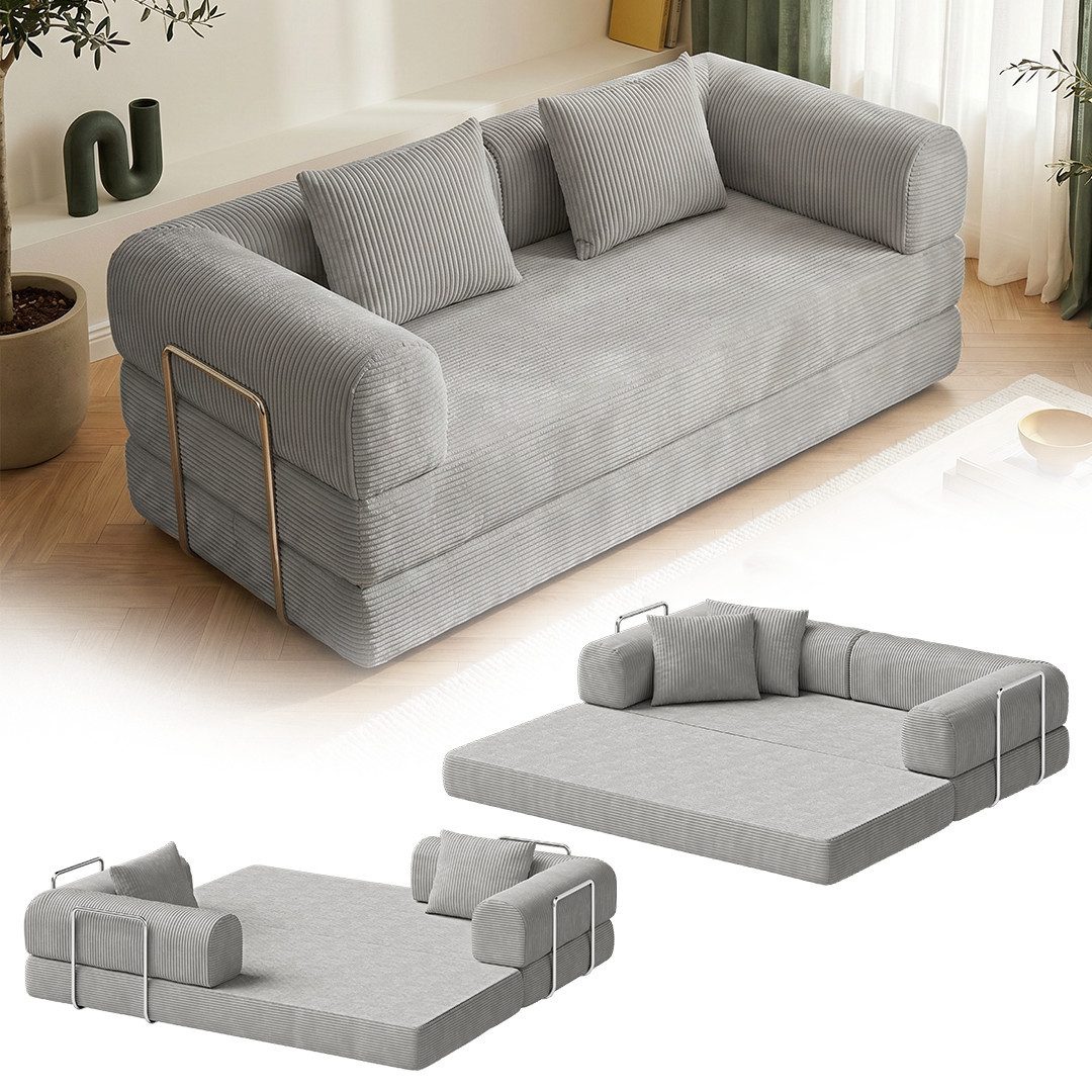skølm Sofa Lofn aus Cord, Vollschaumcouch umwandelbar zum Schlafsofa, Hellgrau, Cordsofa 200 cm breit, 2 Sitzer, kein Aufbau erforderlich, vakuumiert