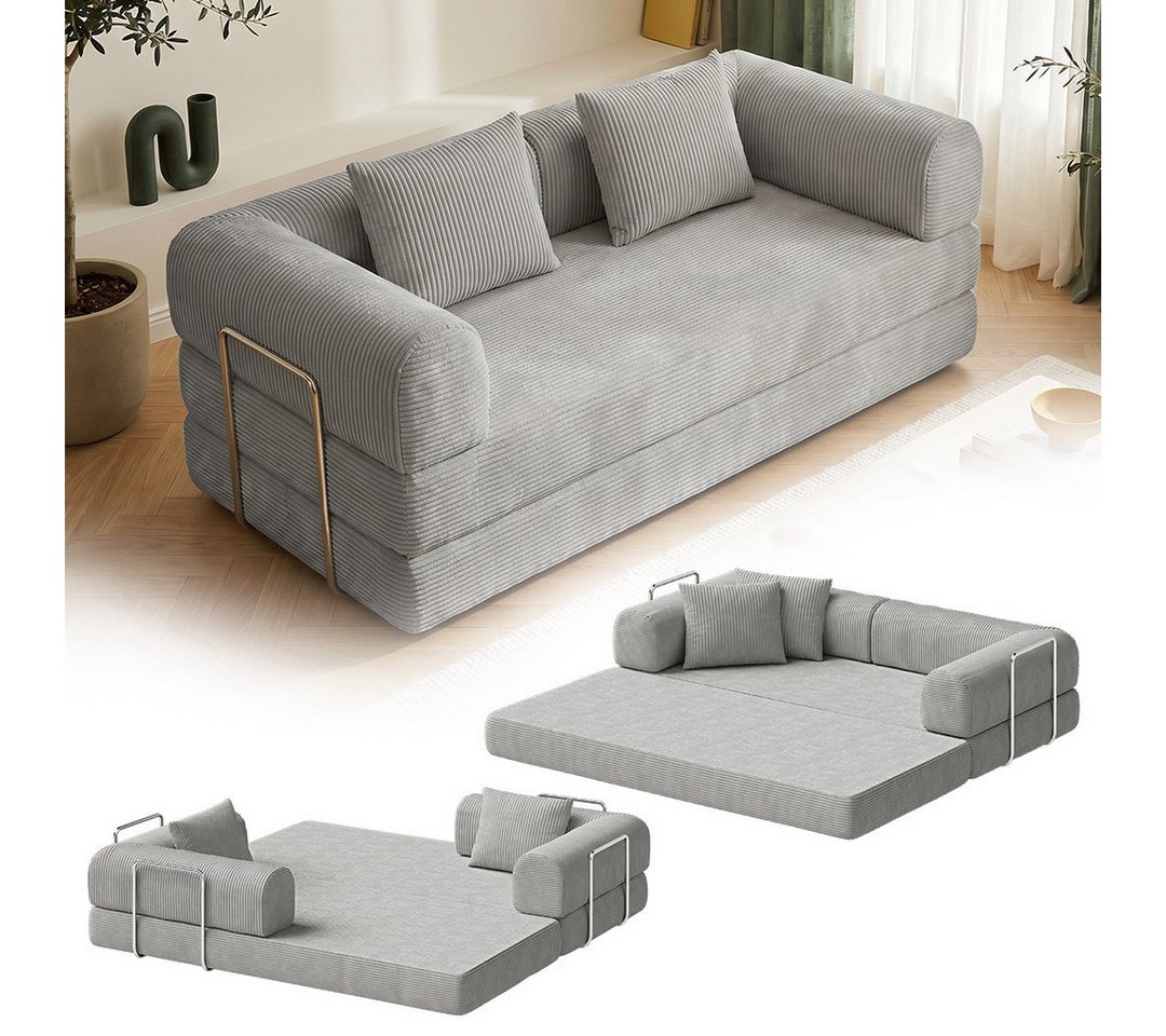 skølm Sofa & Sessel Lofn aus Vollschaum Cord, umwandelbar zum Schlafsofa/-Sessel, Hellgrau, Cordsofa 200 cm breit, 2 Sitzer, kein Aufbau erforderlich, vakuumiert