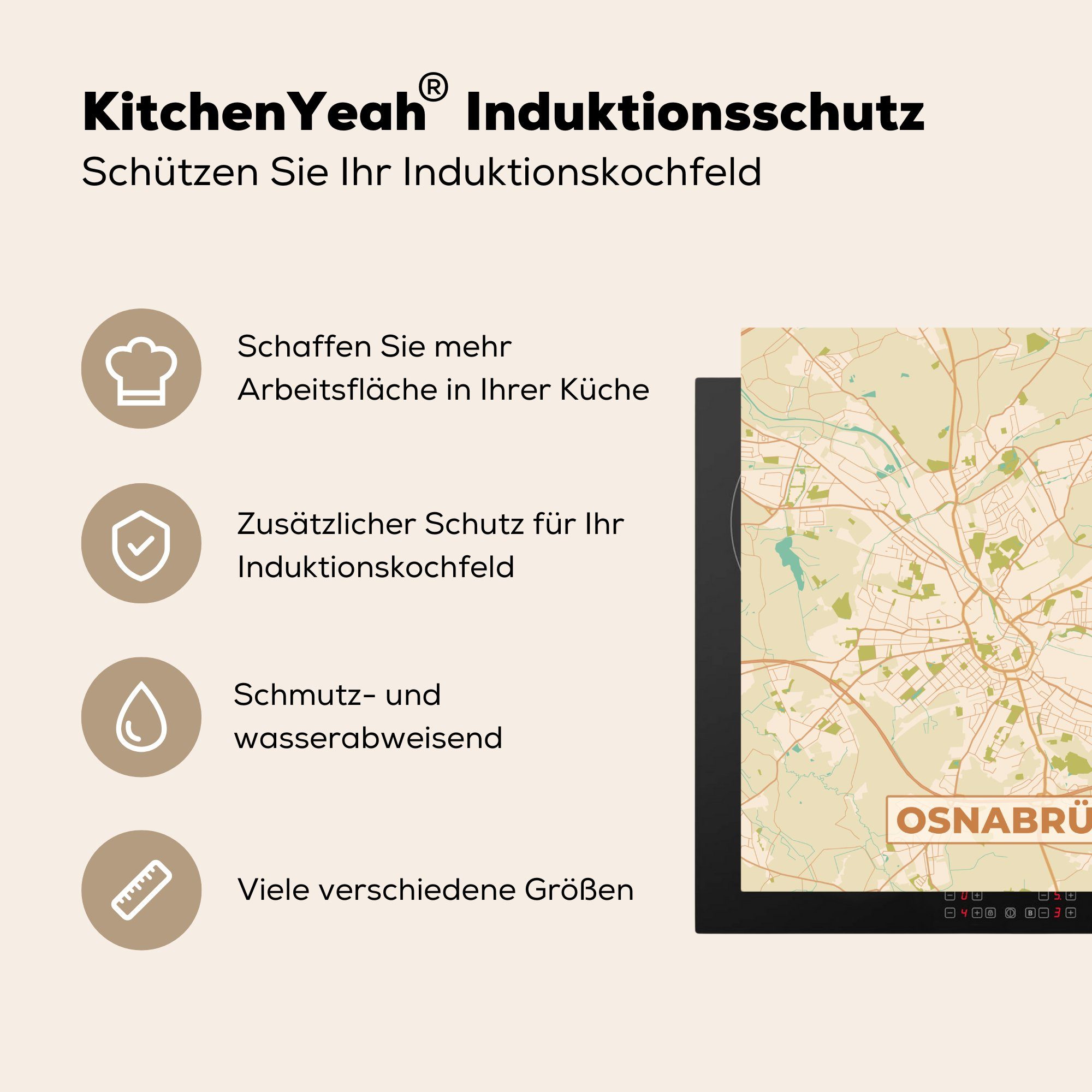 für 78x78 - - küche Karte Osnabrück Stadtplan cm, tlg), Vinyl, Vintage, Herdblende-/Abdeckplatte MuchoWow Arbeitsplatte - Ceranfeldabdeckung, - Karte (1