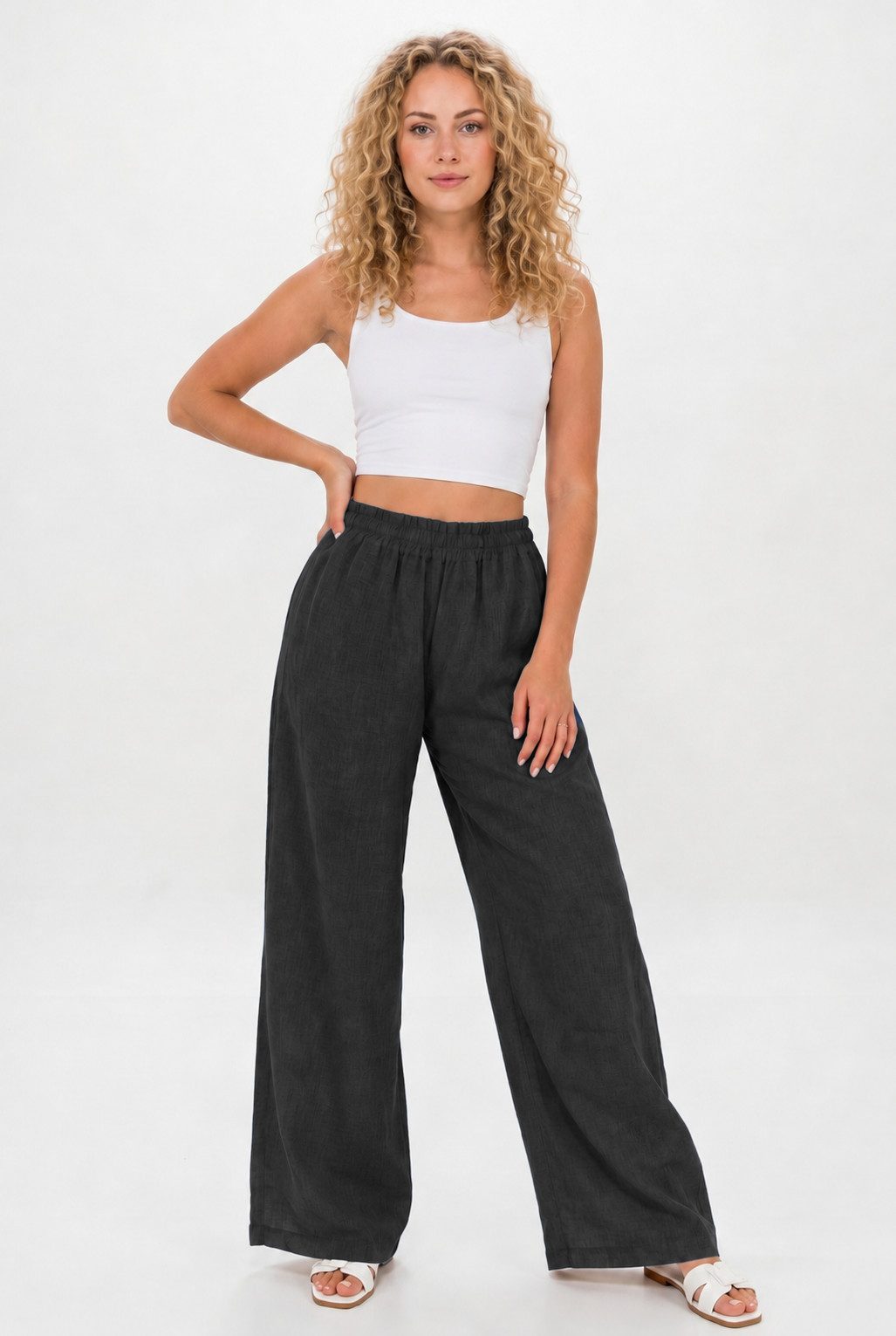 Kendindza Collection Leinenhose Sommerhose Damen leicht Locker weite Leinenhose Sommer Hose lang 100% Leinen, elastischer Gummibund, weites Bein Palazzo-Schnitt