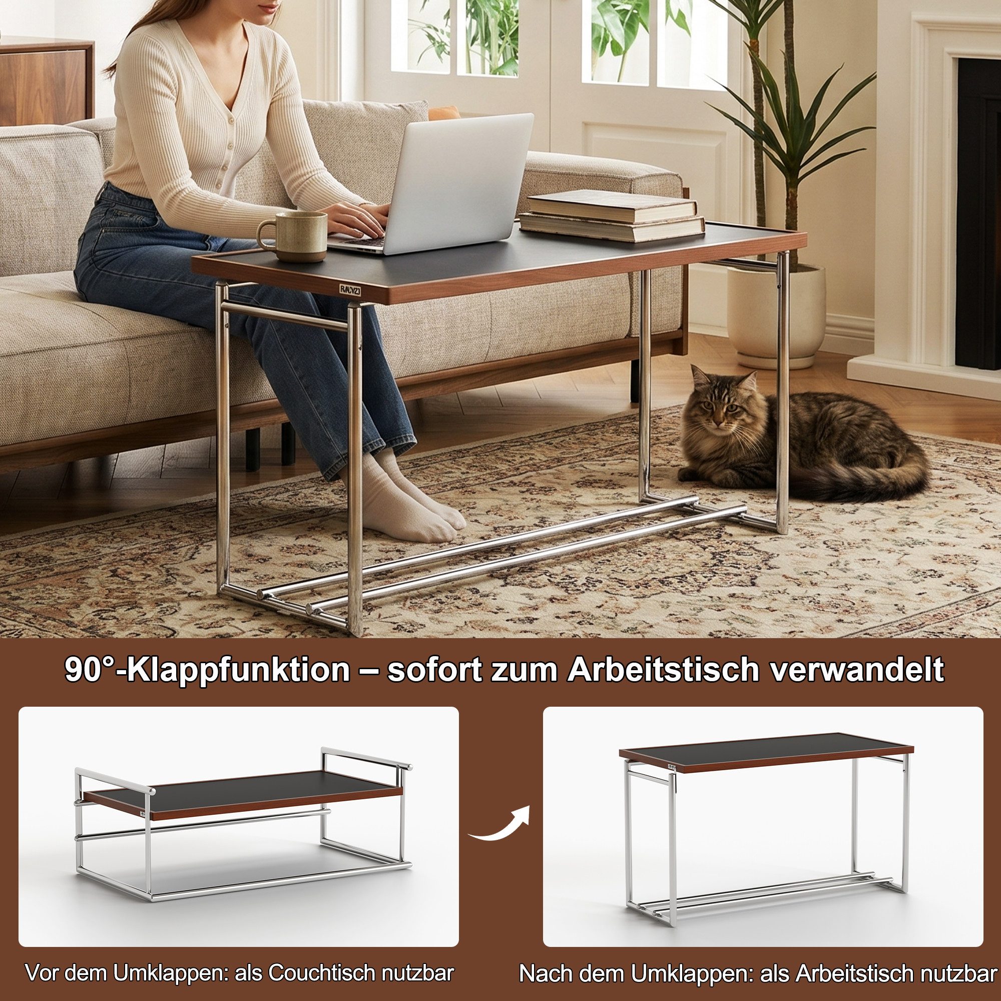 oleyluckidea Couchtisch 90°drehbar,2-in-1 Umklappbare wohnzimmertisch 127cm (1 Tisch), Breite des Couchtisches: 127 cm, Breite des Schreibtisches: 123 cm