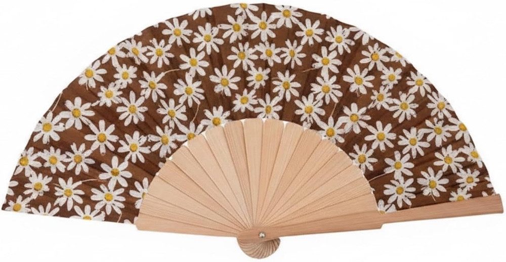 LK Trend & Style Handfächer Margeriten Blumenmuster Holzstäbe, (Für Festival & Hochzeit, Sommerliches Accessoire, Für Büro & Unterwegs, 1-tlg., ca. 21 x 40 cm, Faltbar, Farbenfroh), Ventilator aus der Handtasche