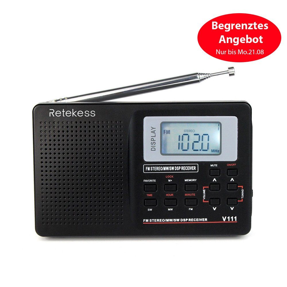 Retekess V111 Tragbares Radio mit Kopfhörern Digitalradio Digitalradio  (DAB) (0,50 W, LED-Hintergrundbeleuchtung, Sleep-Timer, Wecker)