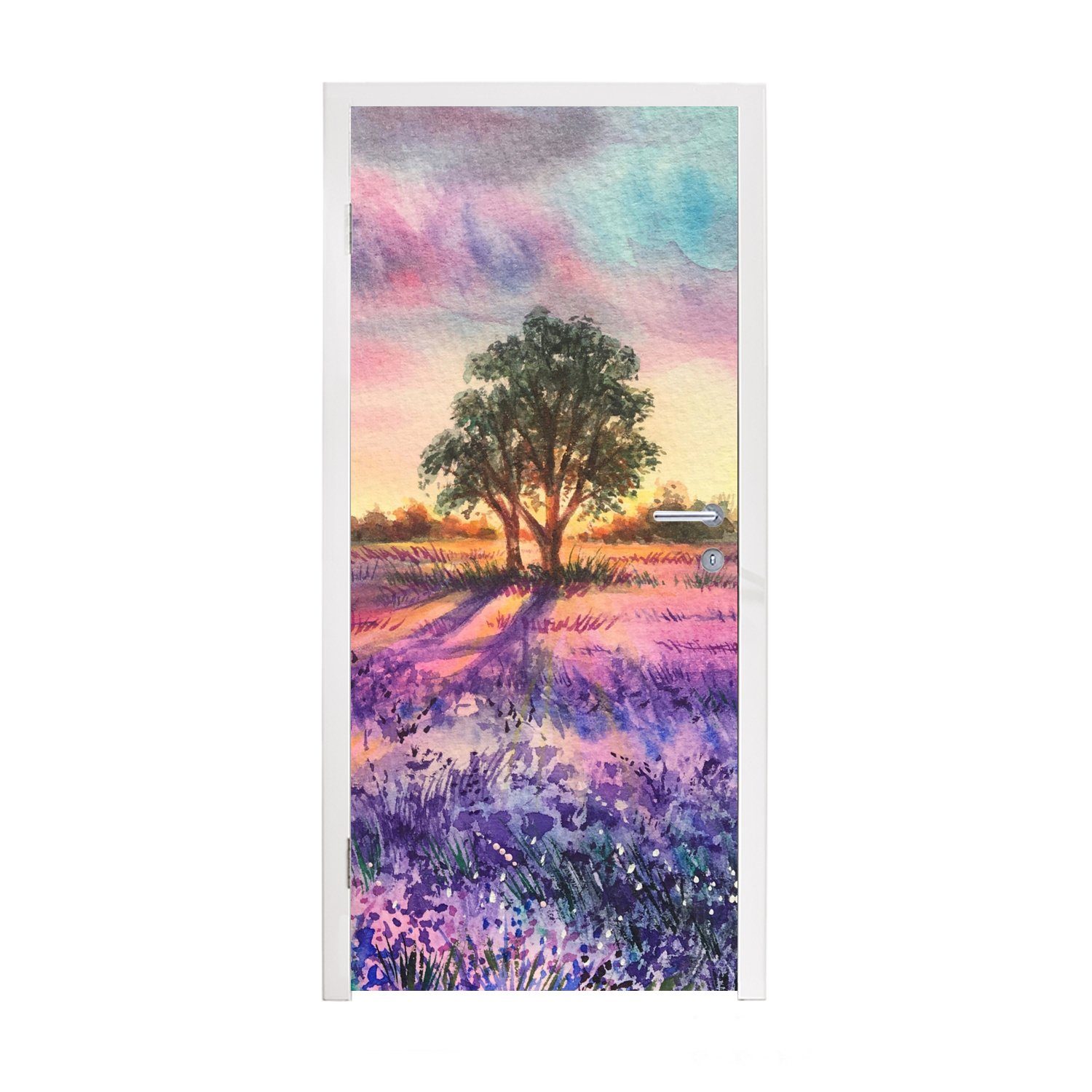 MuchoWow Türtapete Lavendel - Farbe - Vögel - Bäume - Lila, Matt, bedruckt, (1 St), Fototapete für Tür, Türaufkleber, 75x205 cm