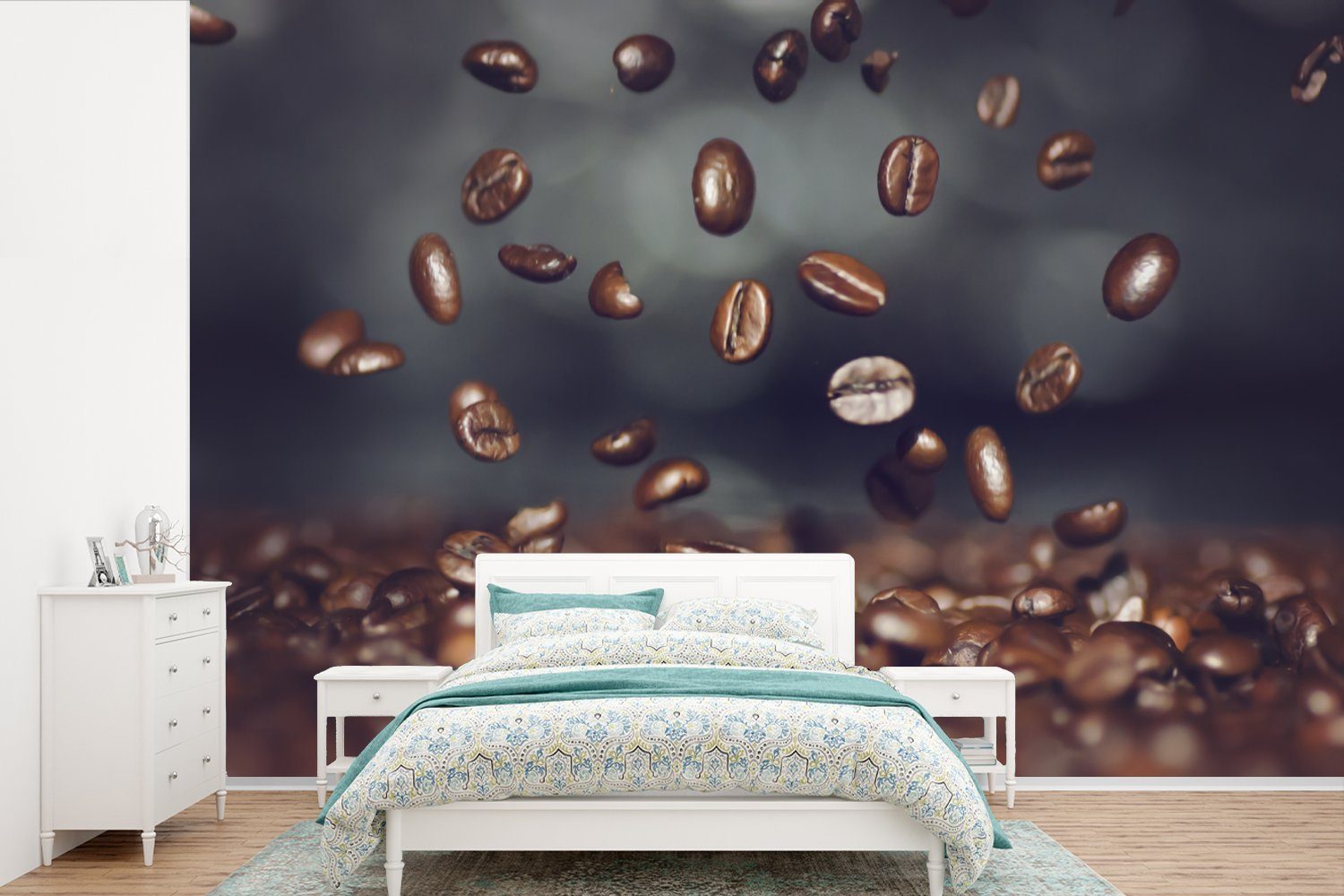 MuchoWow Fototapete Kaffeebohnen fallen vom Himmel, Matt, bedruckt, (6 St), Wallpaper für Wohnzimmer, Schlafzimmer, Kinderzimmer, Vinyl Tapete