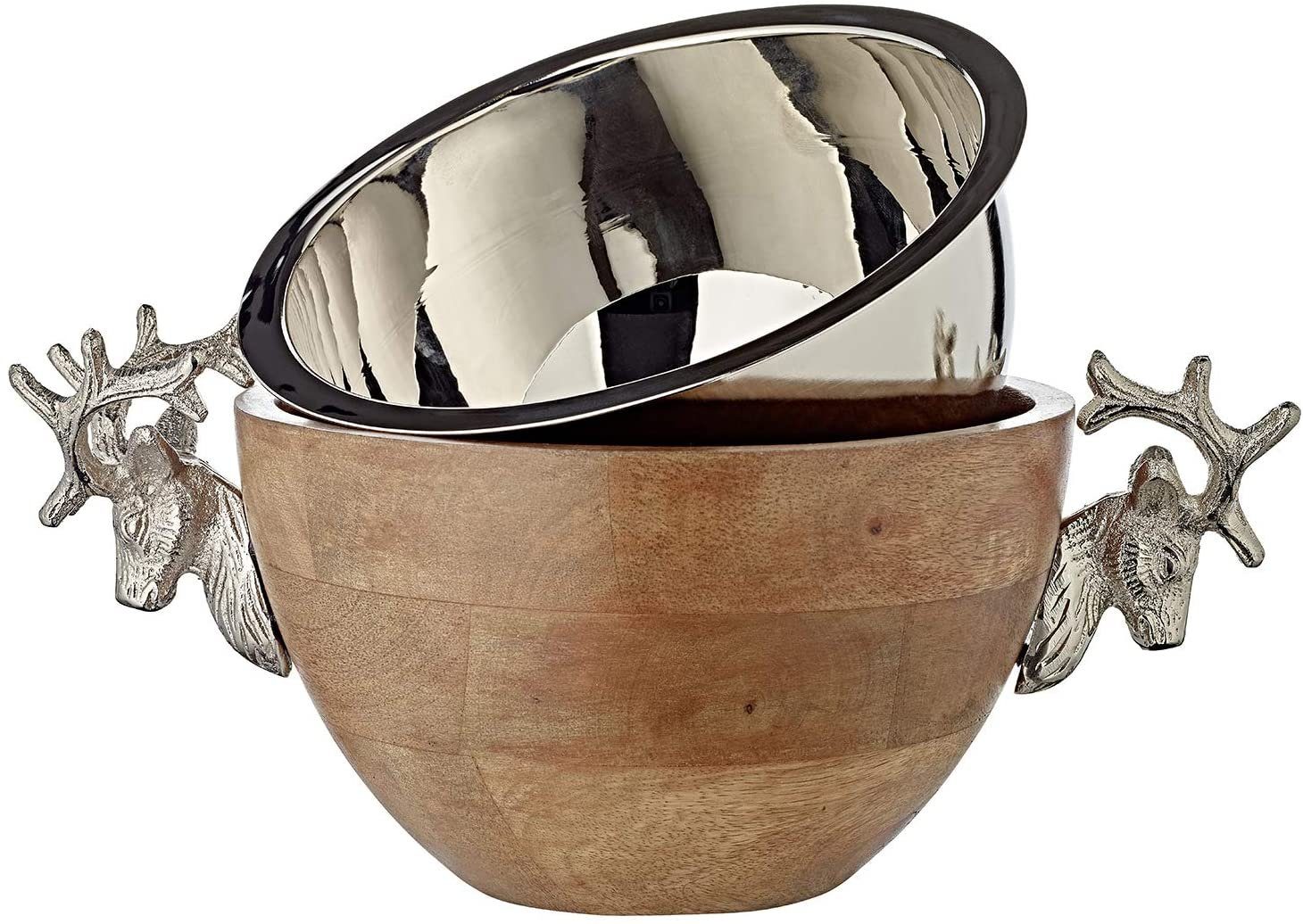EDZARD Servierschale Hirsch, Aluminium, Mangoholz, Hirsch-Motiv, Mangoholz, Aluminium, vernickelt, H 12 cm, Ø 20,5 cm