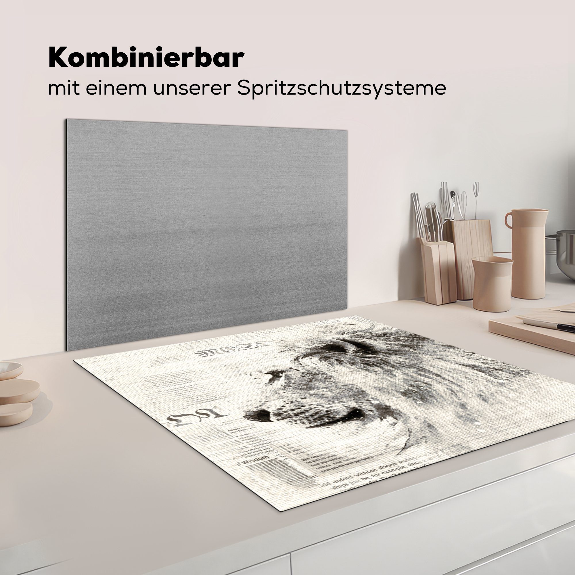 Vinyl, tlg), (1 78x78 cm, Löwe Weiß, Ceranfeldabdeckung, MuchoWow - Zeitung - für Schwarz Arbeitsplatte Herdblende-/Abdeckplatte - küche