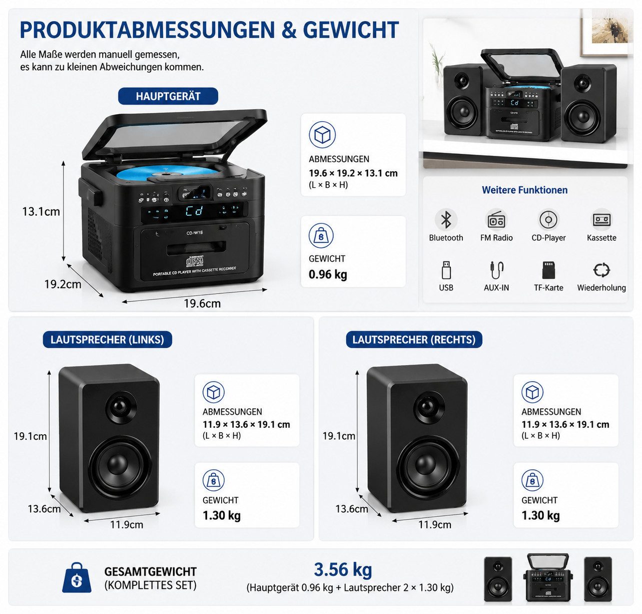 Greadio W18 Heimstereoanlage, 40W, mit CD-Player und Kassettenrekorder Stereoanlage (Bluetooth 5.1, FM-Radio, USB, TF, AUX, Fernbedienung, Hi-Fi, Schwarz)