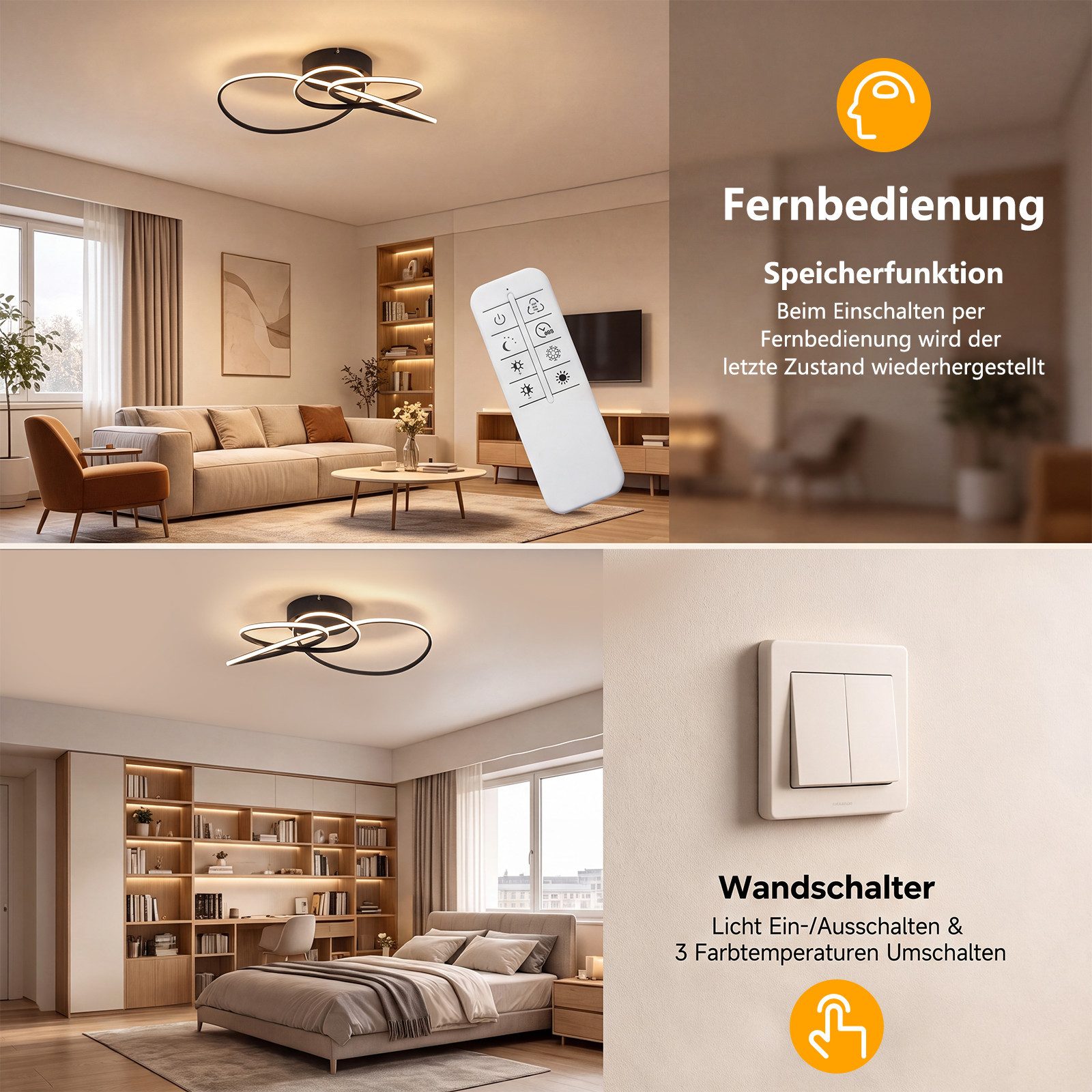 Nettlife LED Deckenleuchte Schwarz/Weiß Modern Dimmbar Deckenlampe mit Fernbedienung, LED fest integriert, warmweiß, für Schlafzimmer Wohnzimmer Küche Deckenlam – Bild 4 von 5