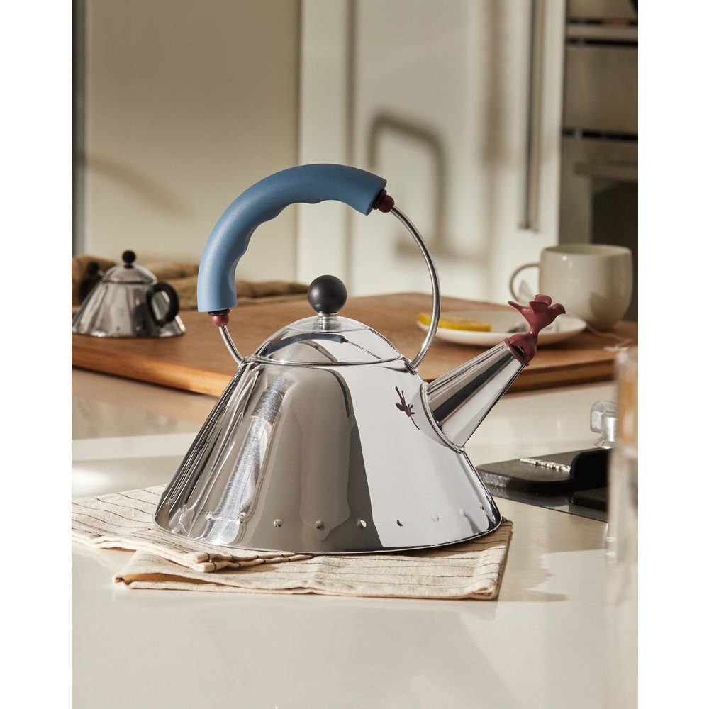 Alessi Wasserkessel Wasserkessel 9093 2,0 l Michael Graves blau, Edelstahl (Gläserset, 2x Weinglas), Edelstahl, silber, Induktion, alle Herdarten, Handreinigung