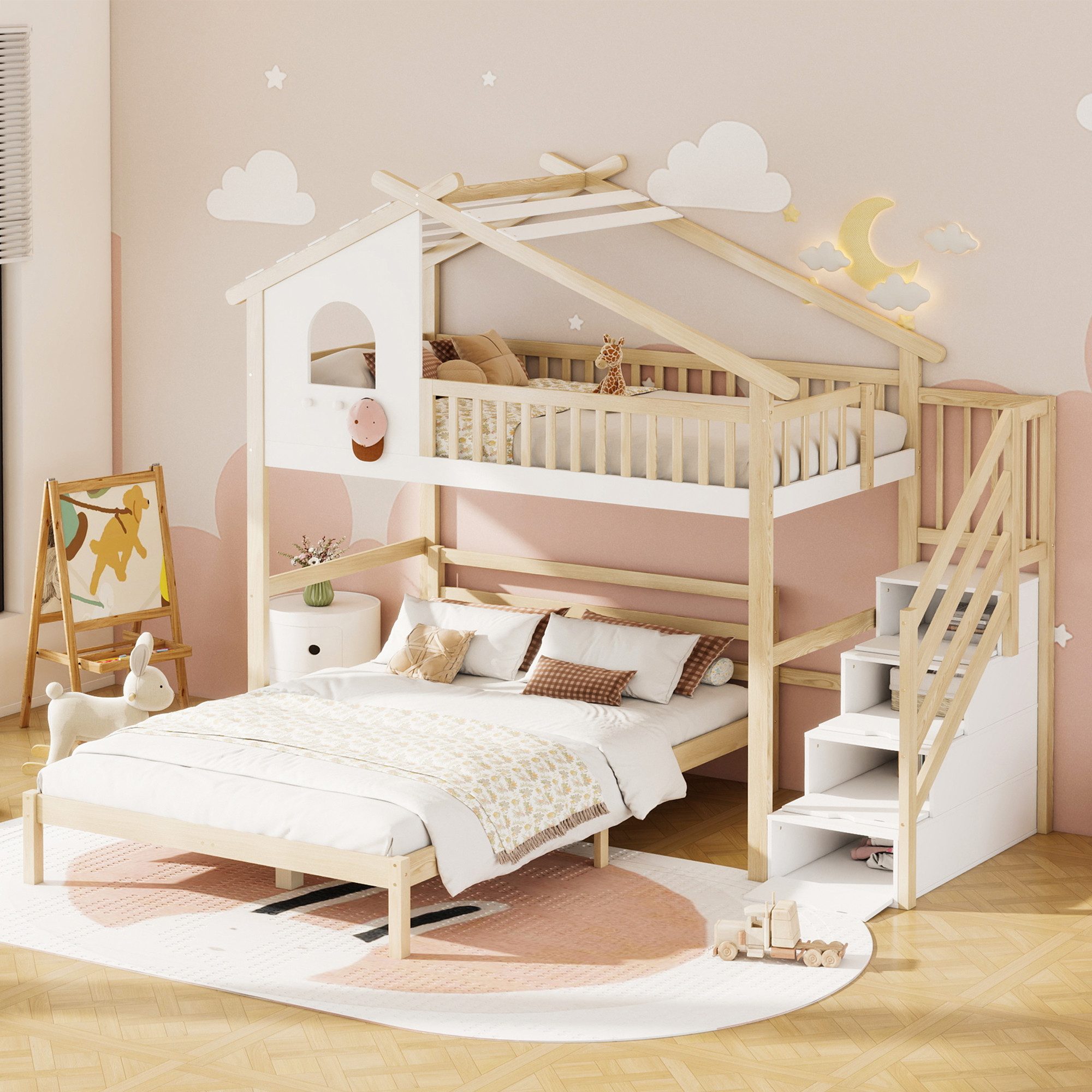 Flieks Etagenbett, Hochbett Kinderbett Hausbett mit Stauraumtreppe 90x200cm günstig online kaufen