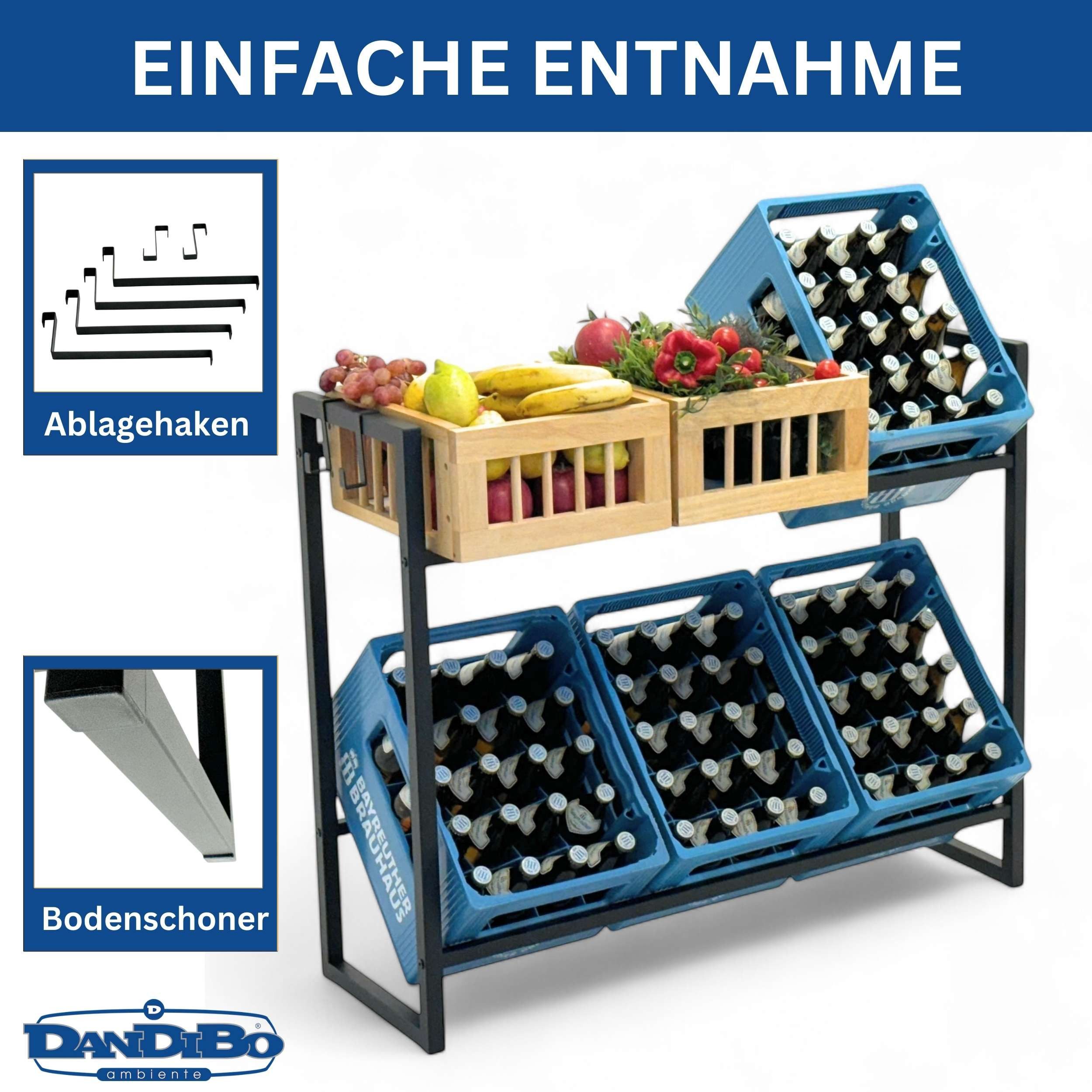 DanDiBo Kastenständer 100 cm Metall 96598 Getränkeregal Kistenregal Getränkekistenhalter, Getränkeregal inkl. Aufhängehaken und Ablagehaken für Pfand, Getränkekistenhalter Metall Bierkistenregal Regal Kisten