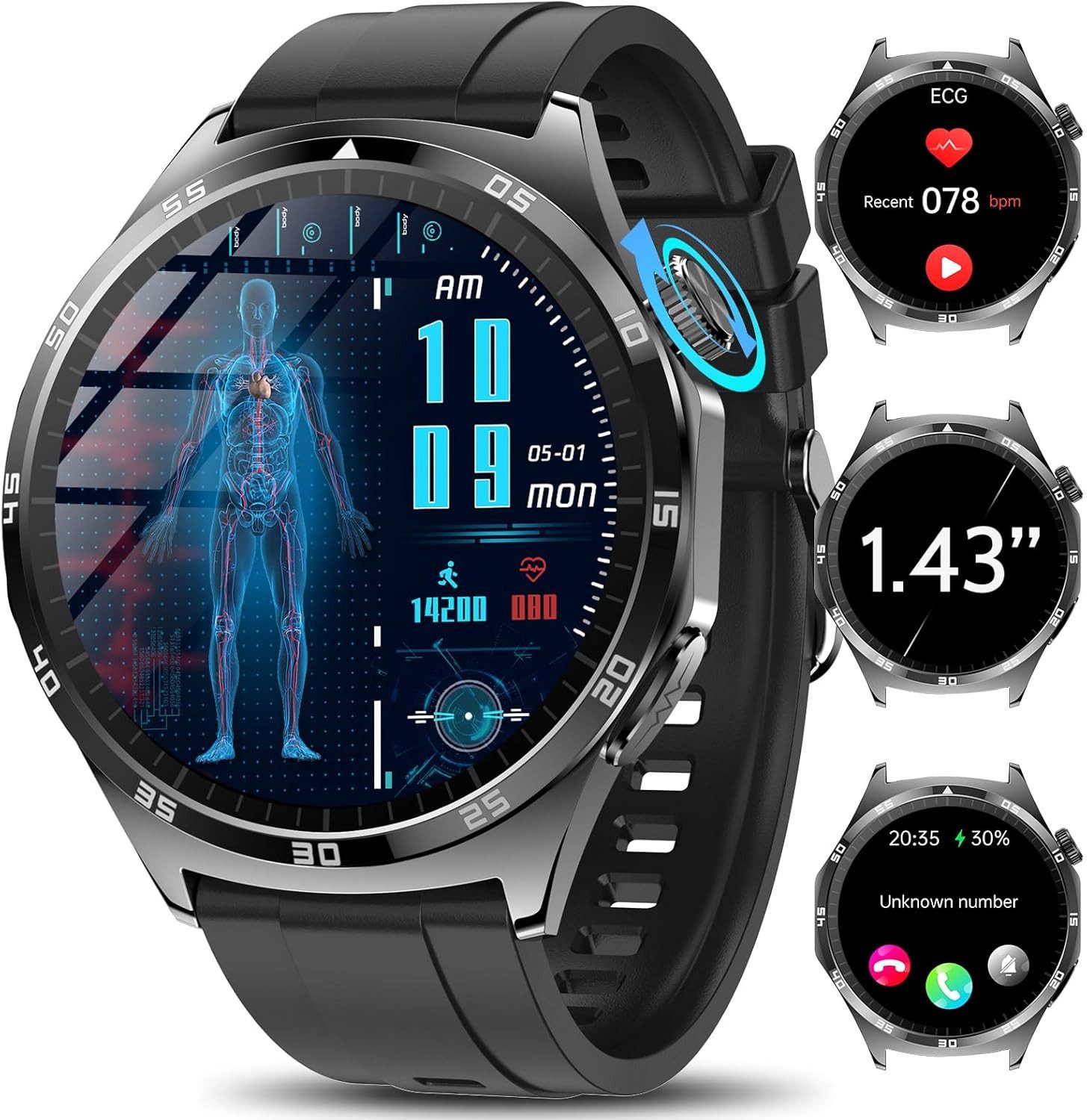 Marsyu Smartwatch (3,6 cm, android ios), Smartwatch mit AMOLED Display EKG Funktion Anruf & Fitness Tracking