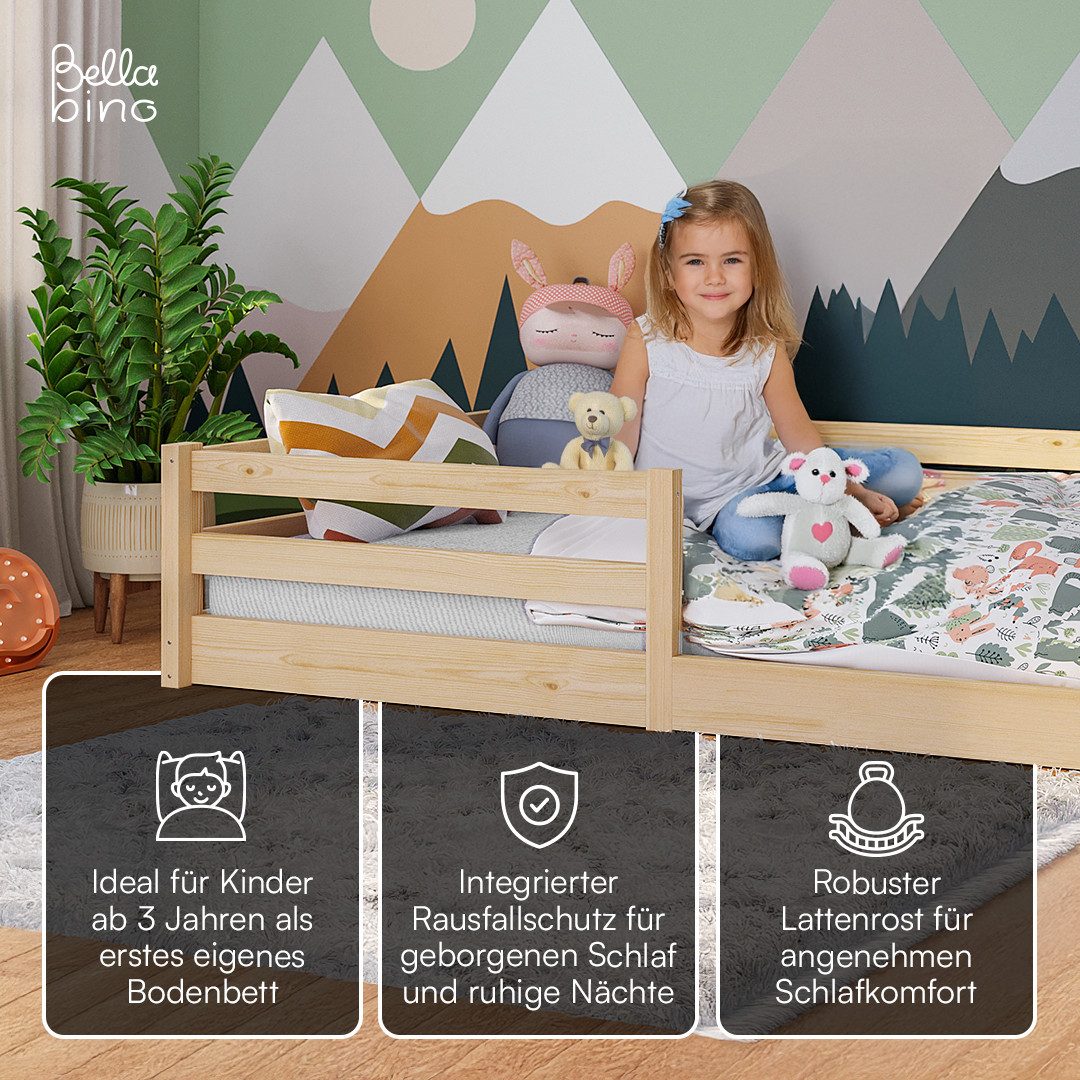 Bellabino Kinderbett Iskri mit Rausfallschutz und Lattenrost (natur, optional mit Matratze), Bodenbett verfügbar in 90/120/140x200