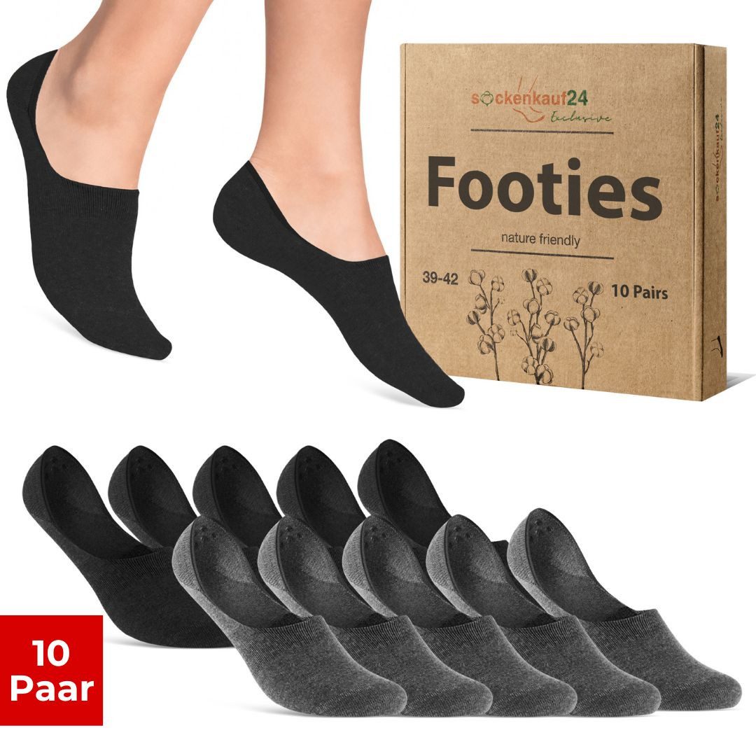 sockenkauf24 Füßlinge 10 Paar Füßlinge aus gekämmter Baumwolle Damen & Herren (Schwarz/Grau, 43-46) Sneaker Socken ohne drückende Naht (Exclusive Line) - 70103T WP