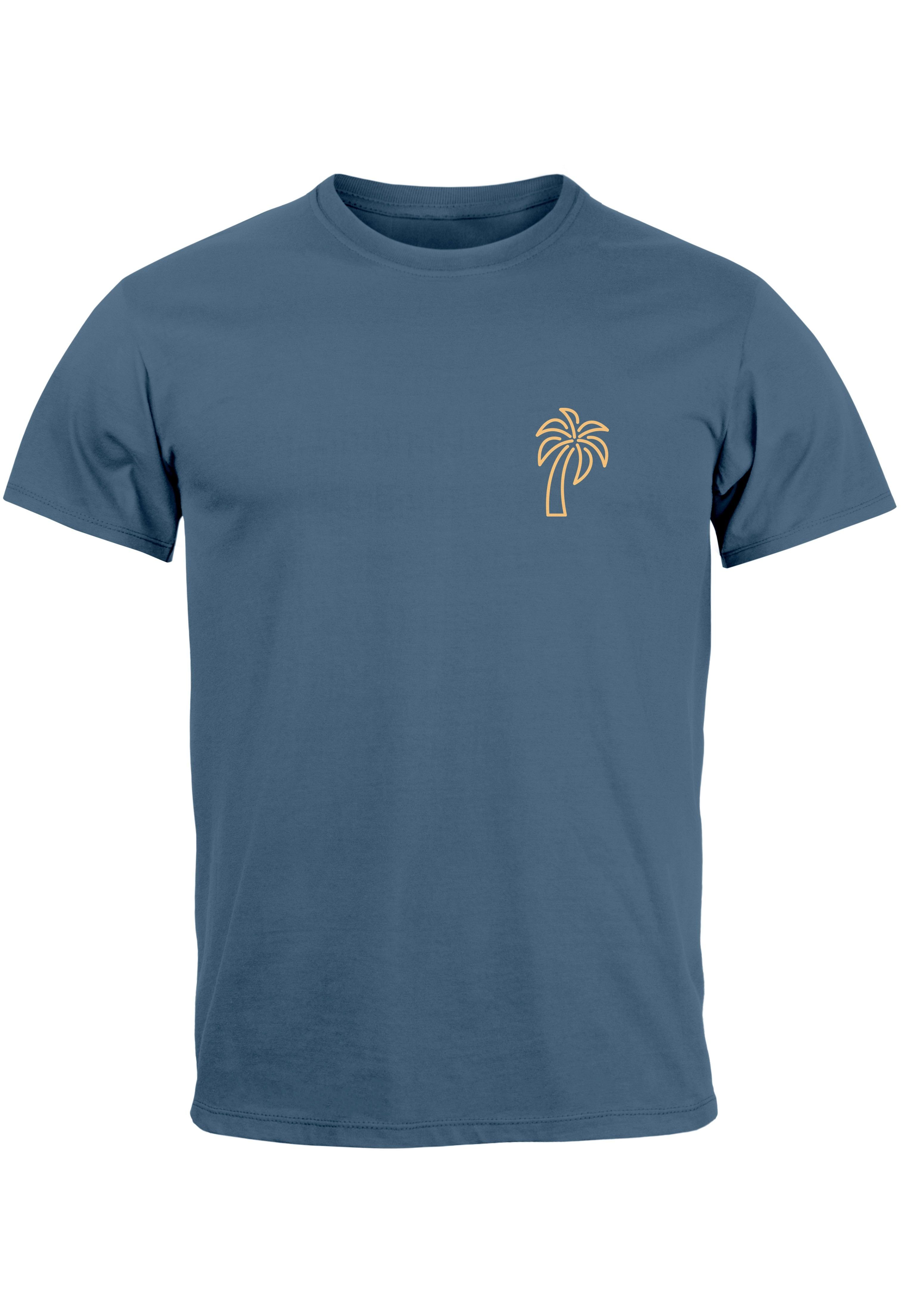 Neverless Print-Shirt Herren T-Shirt Palme Logo Print Sommer Badge Emblem Minimal Line Art F mit Print denim-gelb