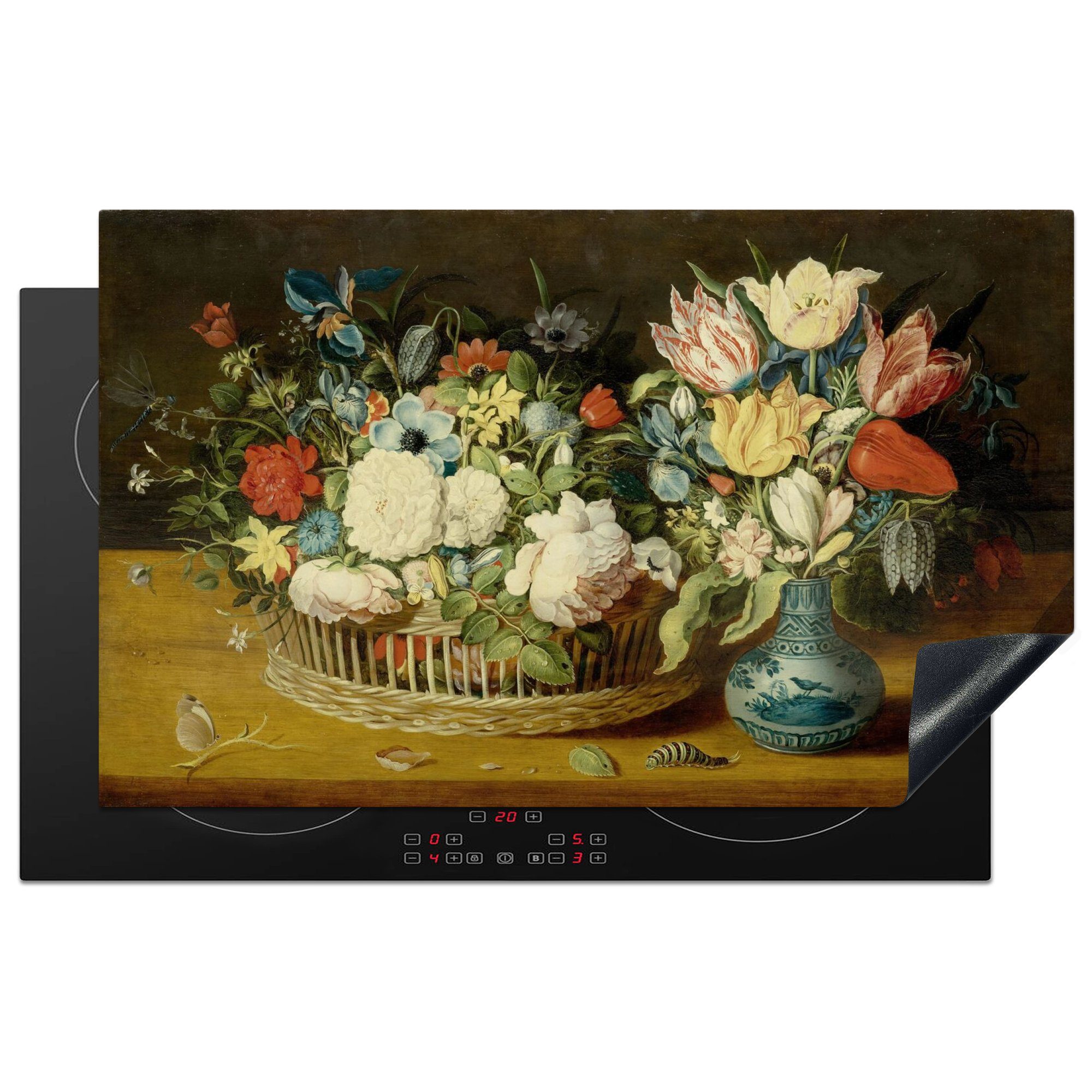 MuchoWow Herdblende-/Abdeckplatte Stilleben mit Blumenkorb und Vase - Gemälde von Osias Beert, Vinyl, (1 tlg), 83x51 cm, Ceranfeldabdeckung, Arbeitsplatte für küche