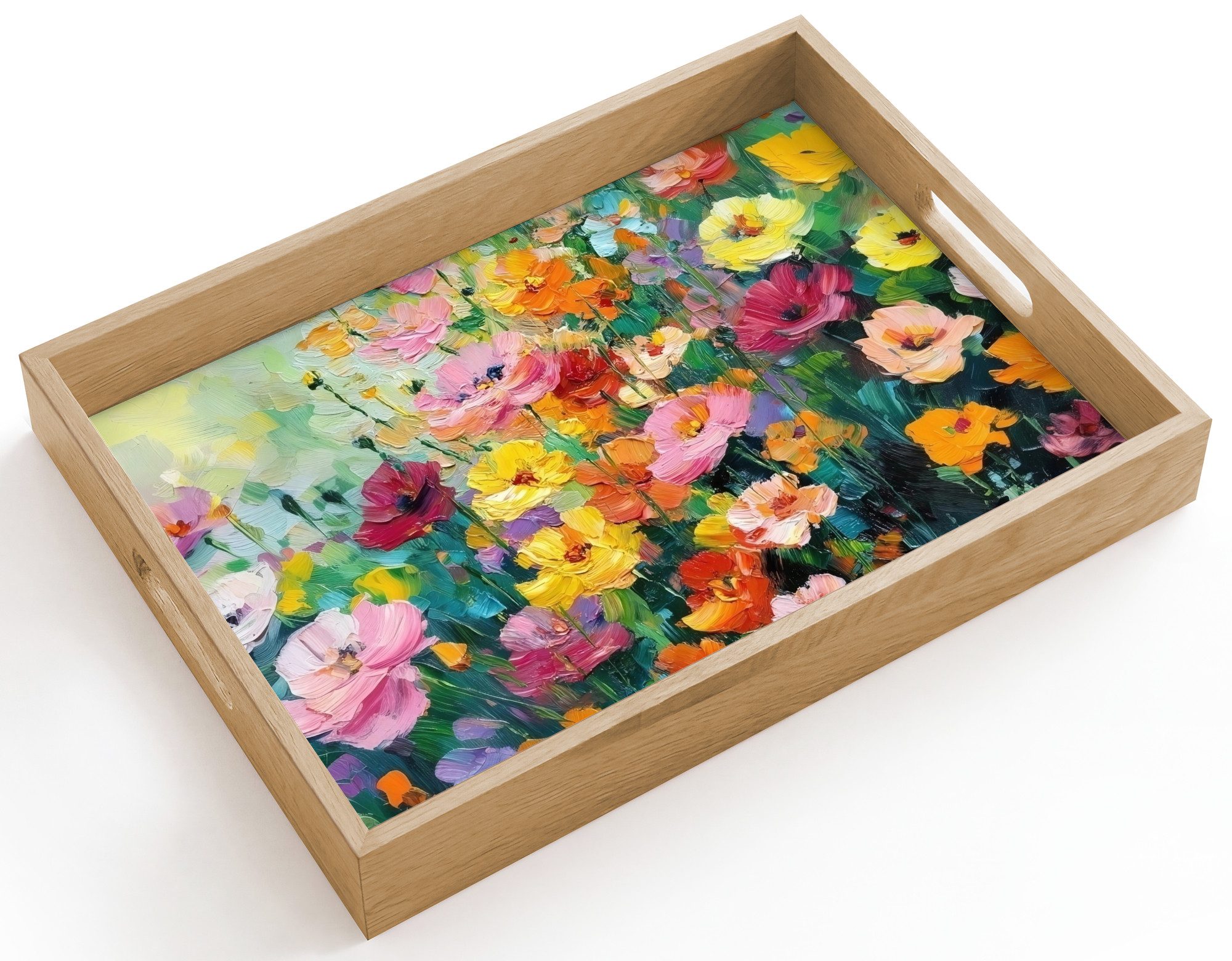 OnlyWow Tablett Rechteckig mit Henkel Blumenexplosion - Leuchtende Farben - Fröhlich, Eichenholz, (1-tlg), Siervierplatte, Tray, Frühstücksbrett