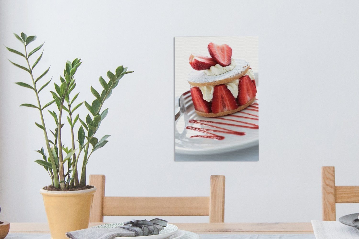 OneMillionCanvasses® Leinwandbild Erdbeer bespannt - - 20x30 Kuchen St), Sauce, fertig inkl. Gemälde, cm (1 Leinwandbild Zackenaufhänger