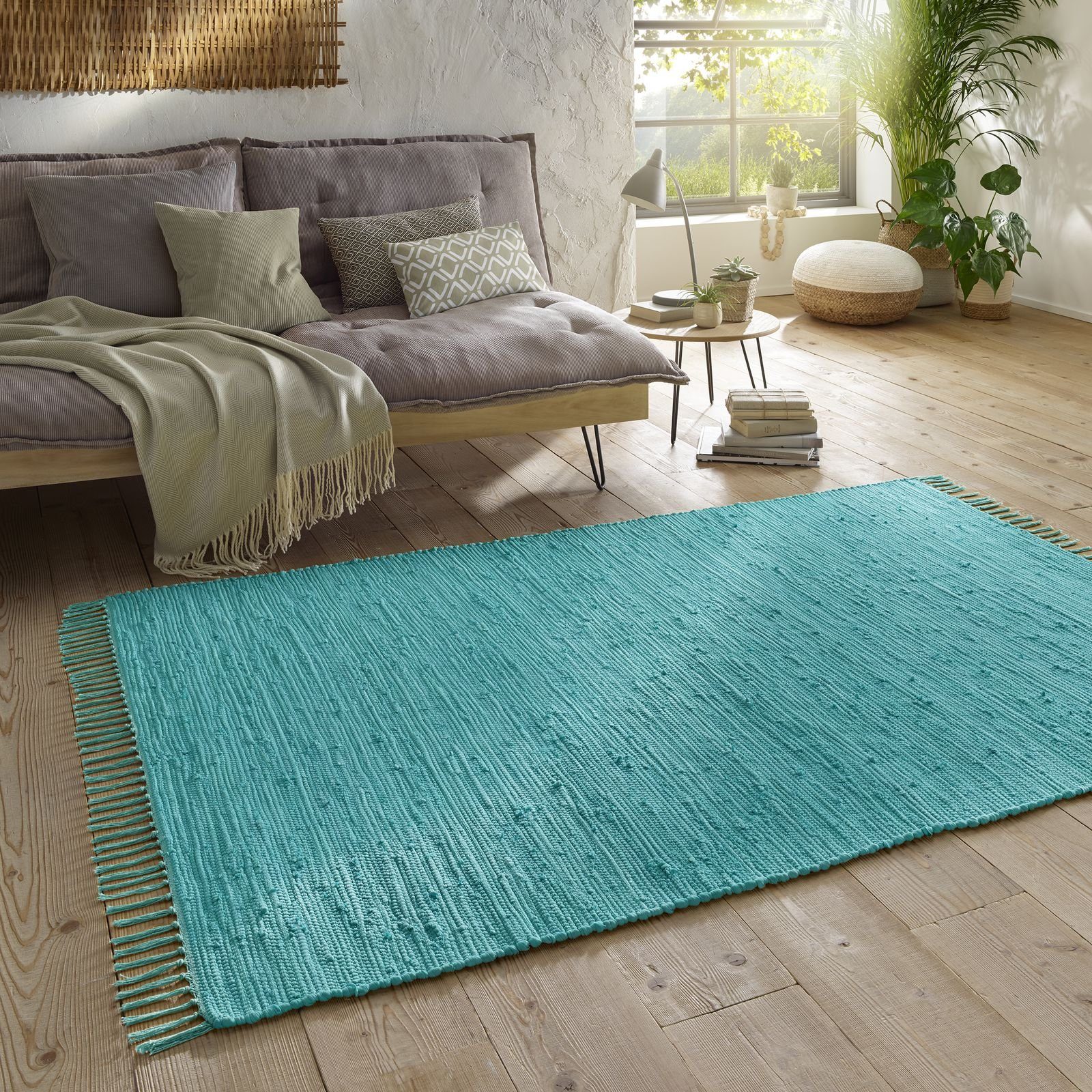 Teppich Flickenteppich TaraCarpet Sylt mit Fransen, TaraCarpet, rechteckig, Höhe: 5 mm, Wohnzimmer Schlafzimmer Küchenteppich nachhaltig türkis 060x120