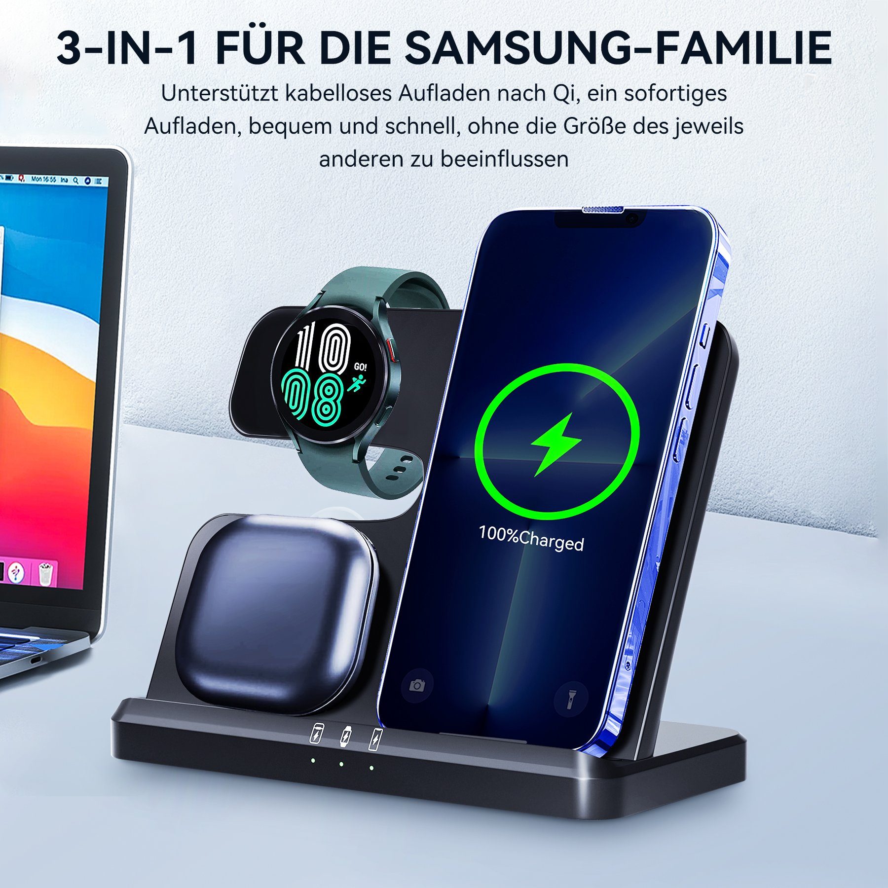 Senmudi Induktive Ladestation 3 in 1,15W Induktive Ladestation Ladeschale (Schnelles Kabelloses Ladegerät Handy Ständer handyhalterung, Für Samsung Galaxy/Galaxy Watch/Xiaomi/Note/Galaxy Buds/AirPods,iPhone - Ultra Handy-Ladestation,für alle Qi-fähigen Geräte)