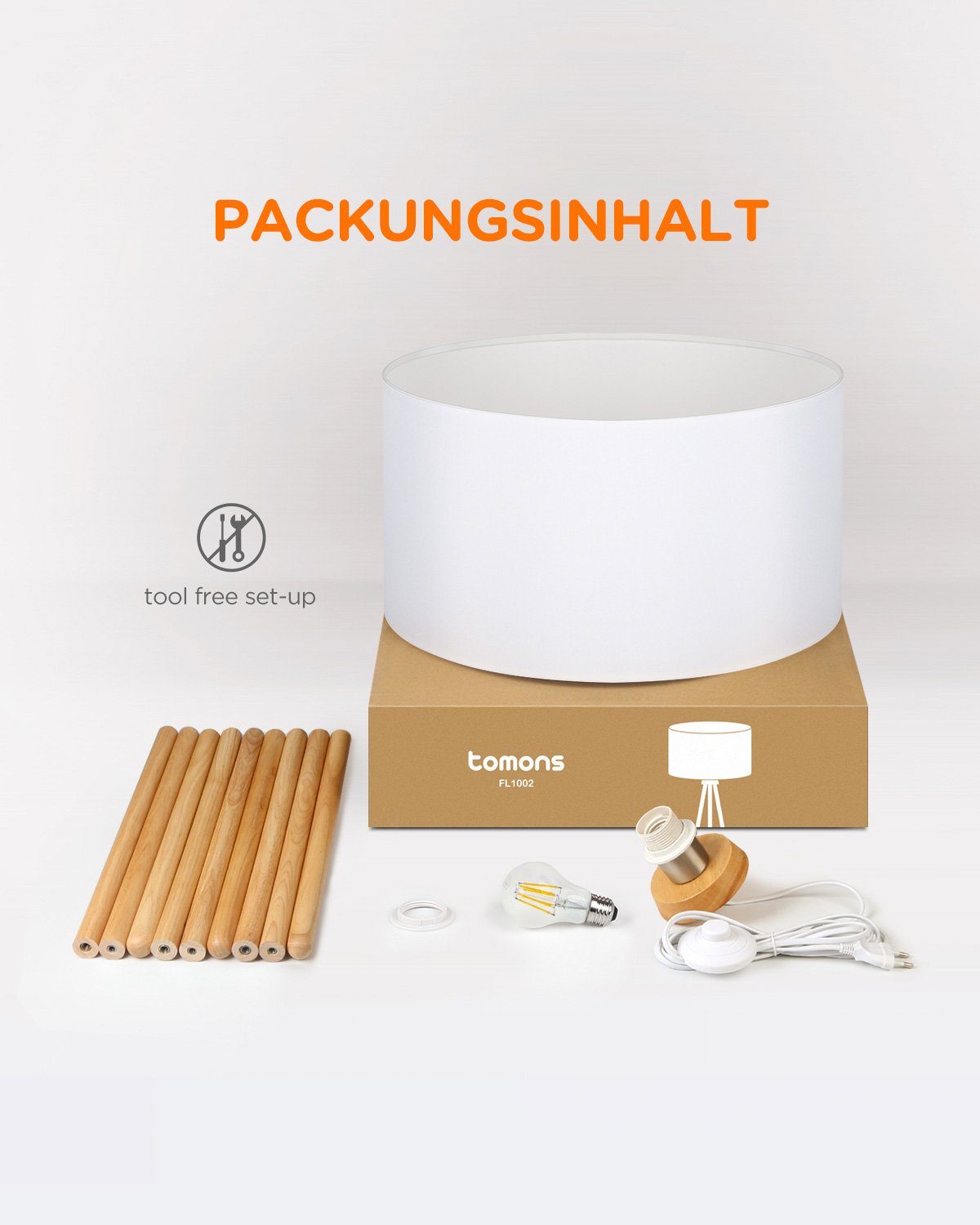 Tomons LED Stehlampe wohnzimmer Stehleuchte Stativ aus Holz, E27, mit 8W LED-Leuchtmittel
