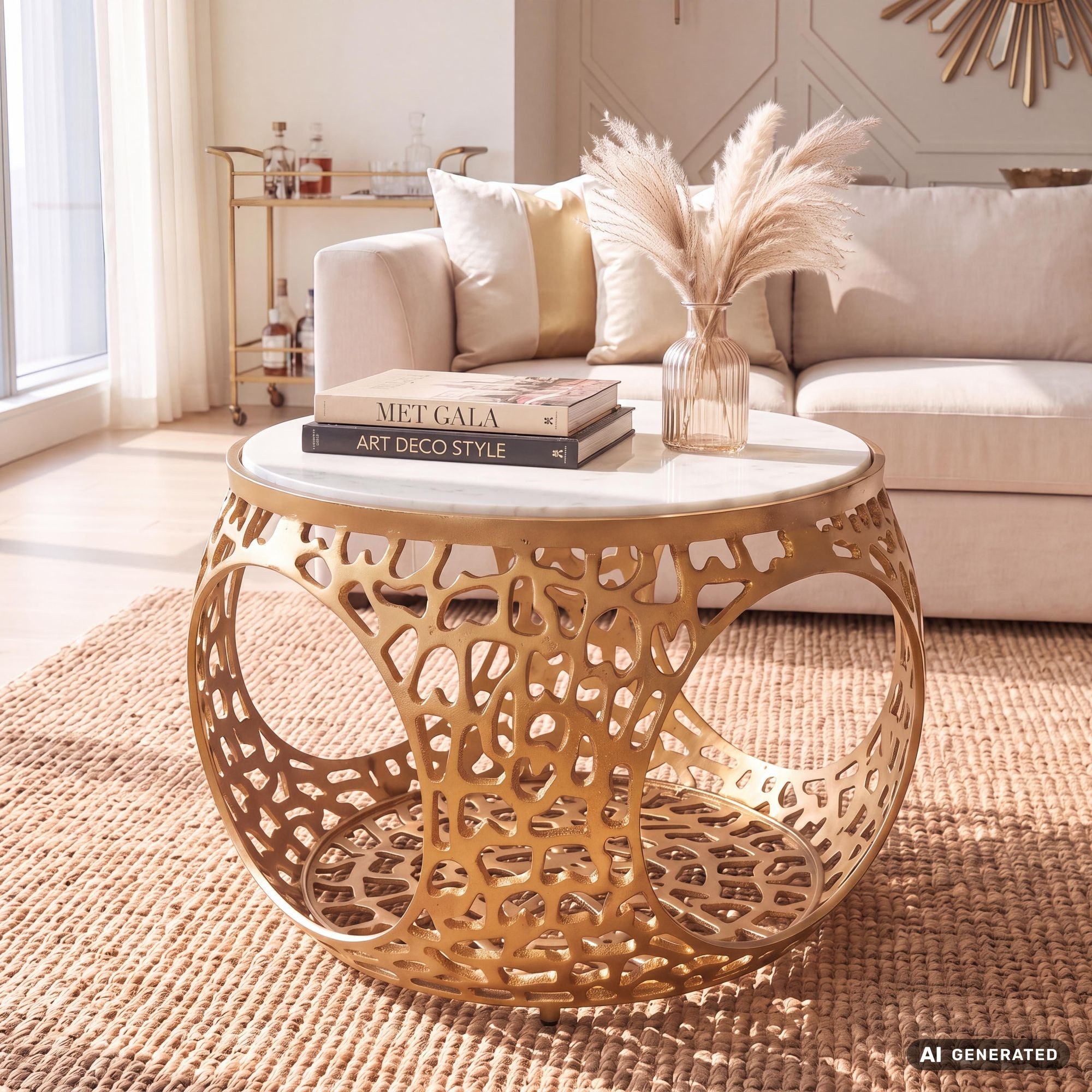 FINEBUY Couchtisch FB73724 Sofatisch Marmor Wohnzimmertisch 60cm rund Tisch Stauraum (Edles Möbelstück mit massiver Gesteinsplatte), Bauchiges Metallgestell als Blickfang