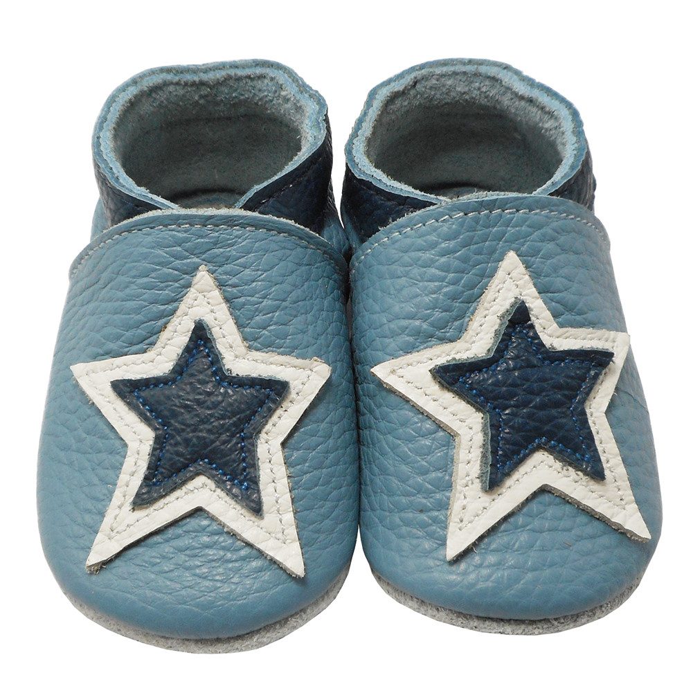 Yihakids Weiche Leder Lauflernschuhe Hausschuhe Lederpuschen Stern Blau Krabbelschuh 100% Leder