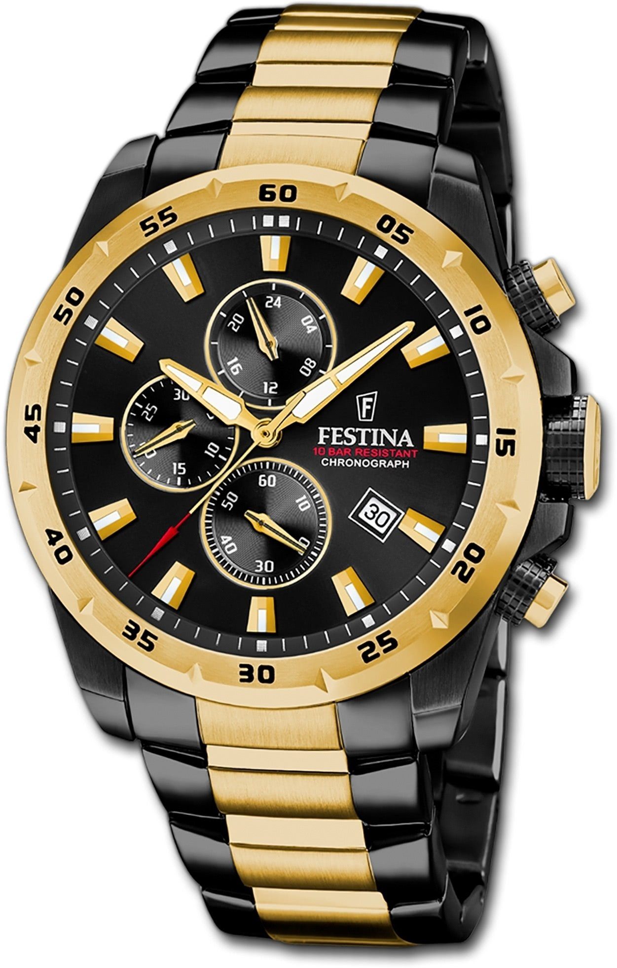 Festina Quarzuhr Festina Herrenuhr Chronograph Sport, Herrenuhr mit Edelstahlarmband, rundes Gehäuse, groß (ca. 45mm), schwa