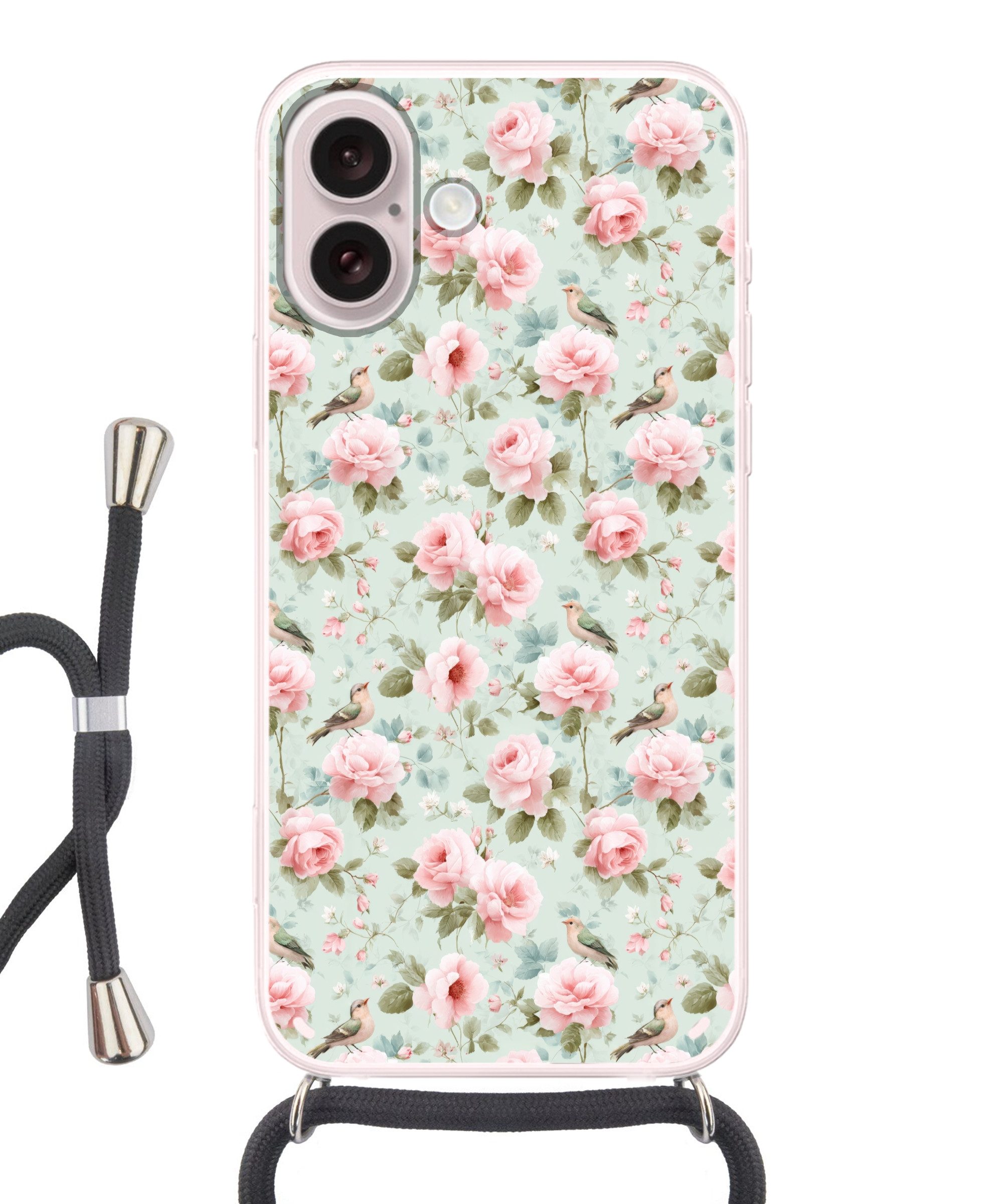 MuchoWow Handyhülle für Apple iPhone 16 Rosen - Vögel - Pastell - Farbenfroh, Tragbare Handyhüllen mit Kette zum umhängen, Handykette Handyband