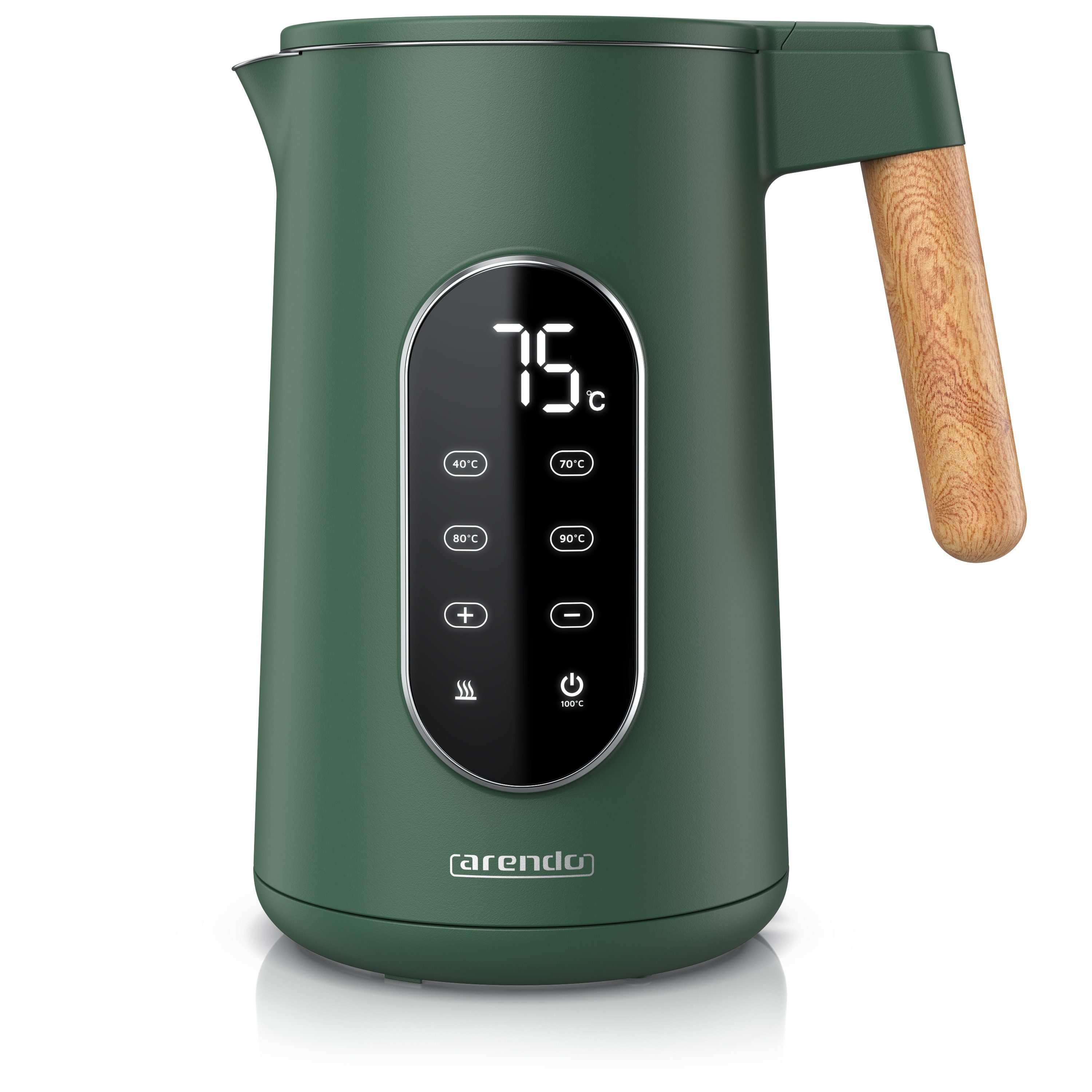Arendo Wasserkocher Edelstahl, Doppelwand, Temperatureinstellung 40° - 100 °C mit Anzeige, 1,7 l, 2200 W, LED-Display, 5 Direktwahltemperaturen, Holzoptik-Griff, BPA-frei