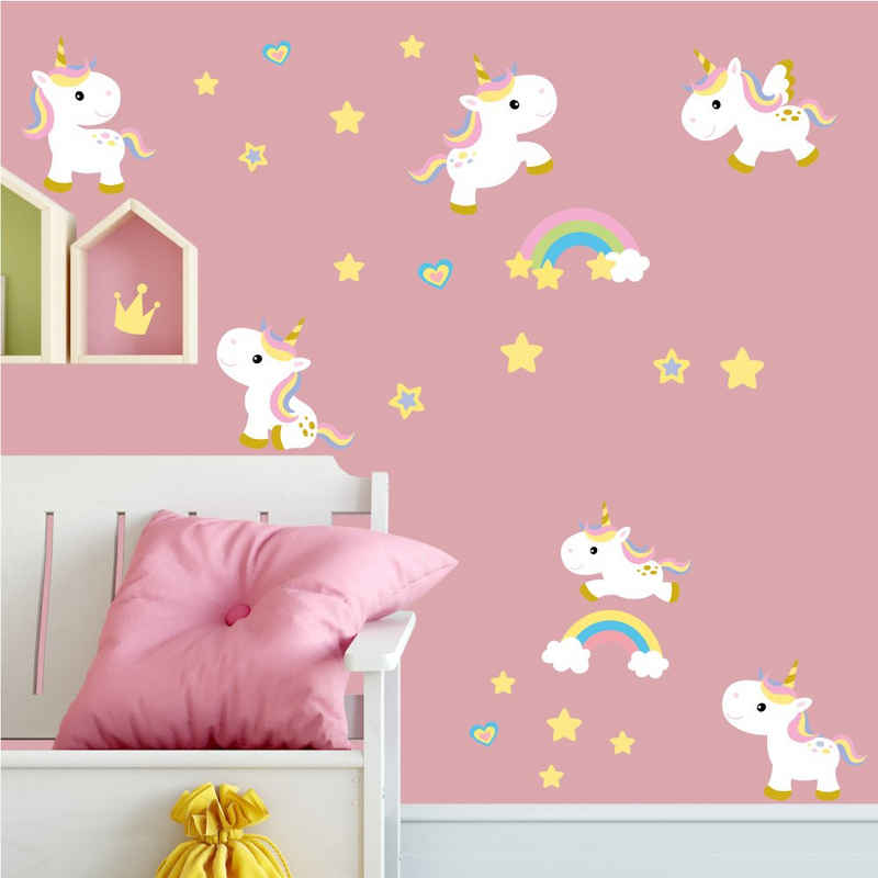 Sunnywall Wandtattoo »Cute Unicorn - Einhorn - Wandtattoo Kinderzimmer Baby – 6 x A4 Set« (6 St), konturgeschnitten
