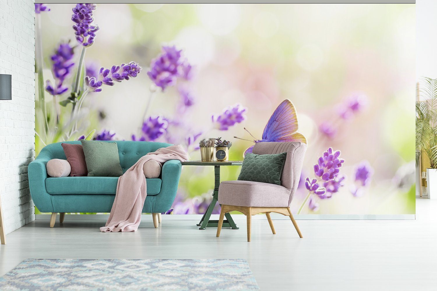 bedruckt, Schmetterling Fototapete Blumen - Matt, Fototapete St), (7 Wohnzimmer Lavendel Natur, - Schlafzimmer MuchoWow für Vliestapete Küche, -