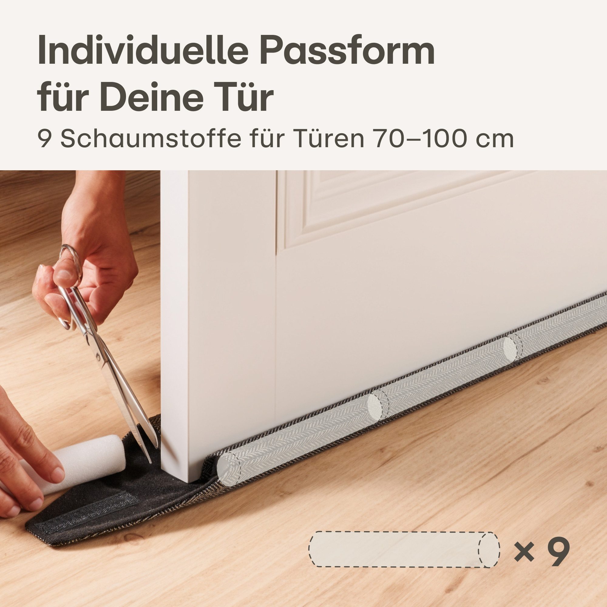 Praknu Zugluftstopper Zugluftstopper für Türen 70 - 100cm Waschbarer Stoff - Energiesparend, Einzelartikel, 1-tlg., 1 Stück mit Zubehör, Waschbar, energiesparend, flexibel anpassbar, robust