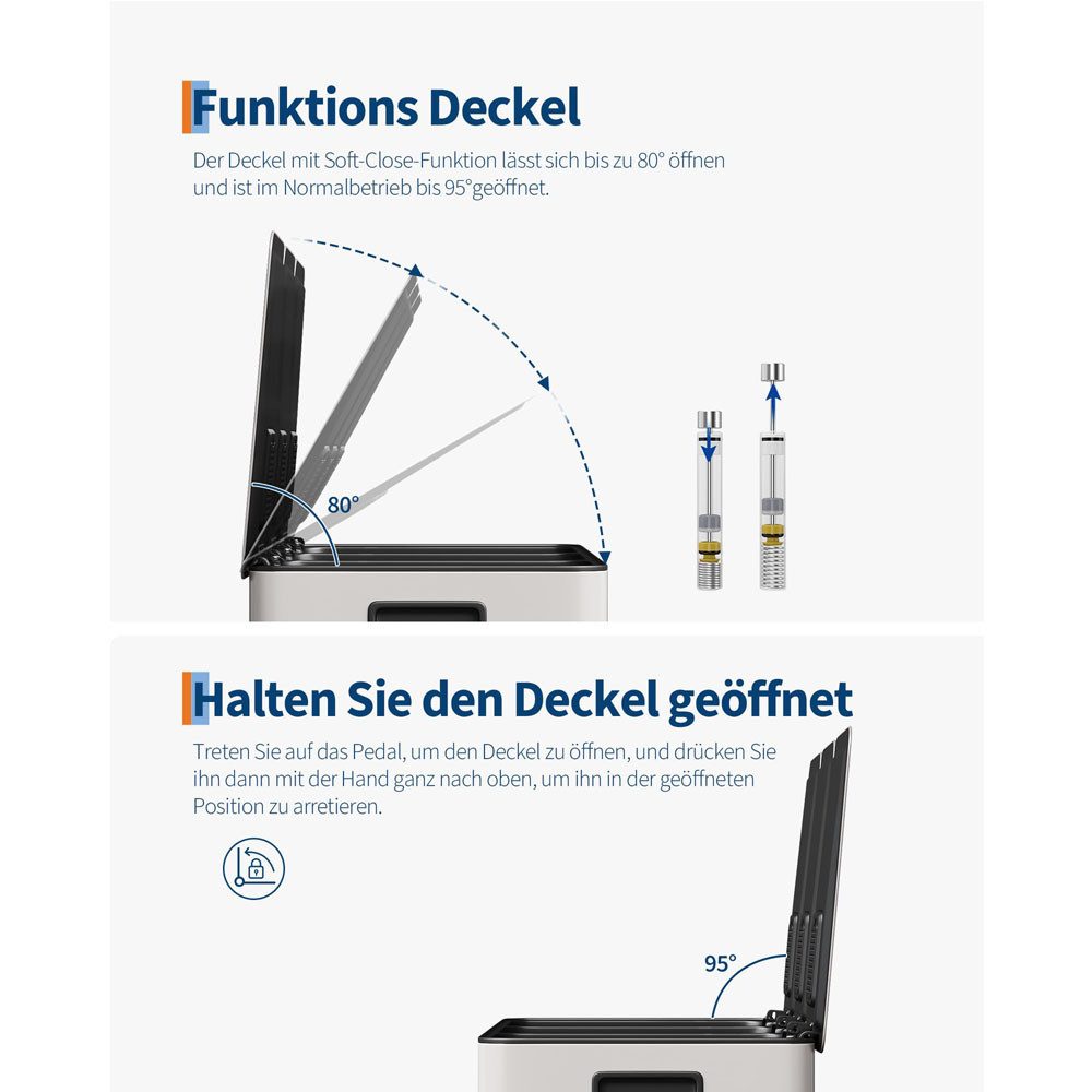 GarveeMore Mülleimer 3-Fach Mülleimer 15L Edelstahl, Fußpedal-Mülleimer – Bild 4 von 5