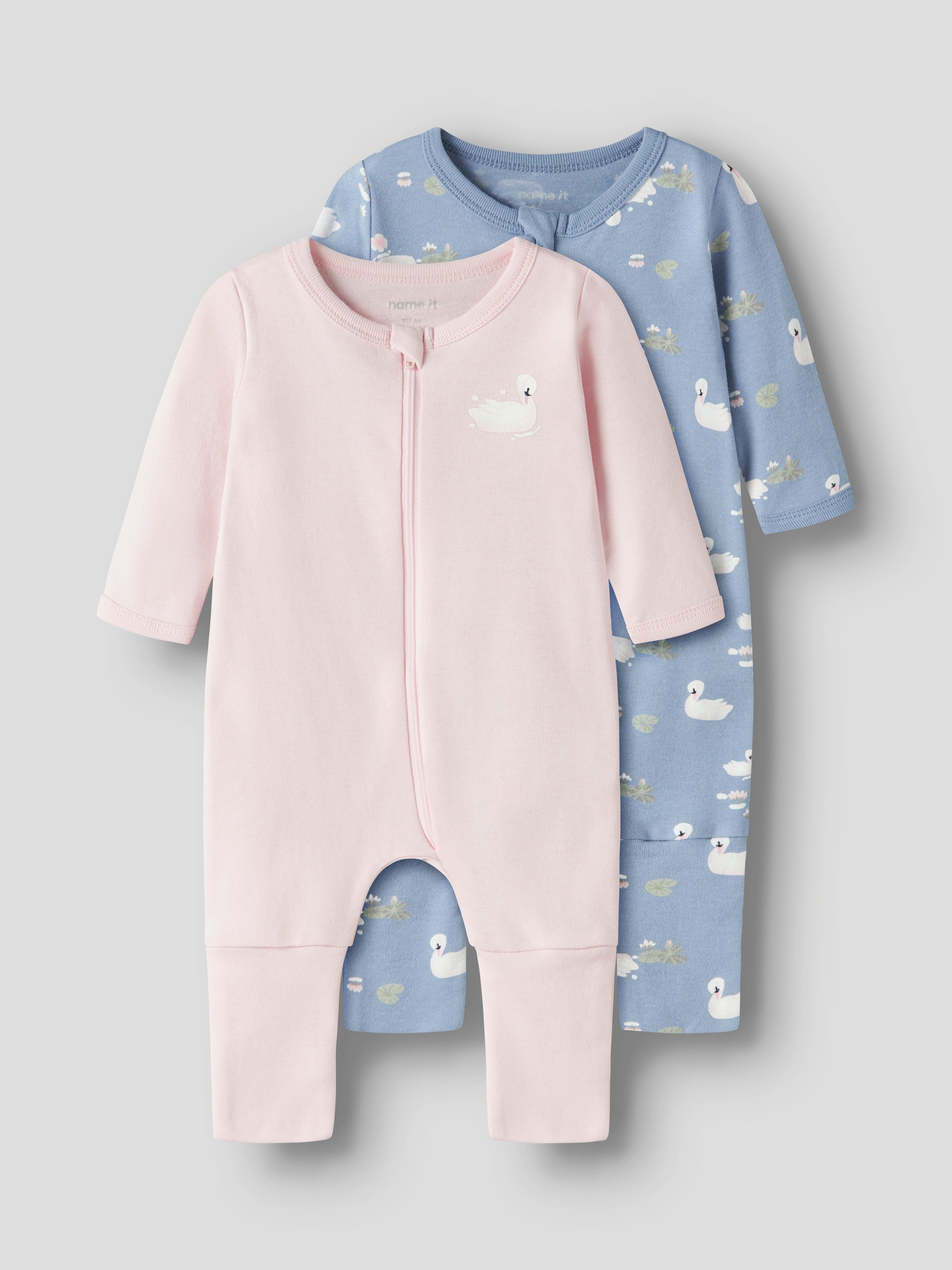 Name It Schlafanzug NBFNIGHTSUIT 2P ZIP FF SWAN NOOS (Packung, 2 tlg) aus Baumwolle, bequeme Passform, mit Reißverschluss und Kinnschutz
