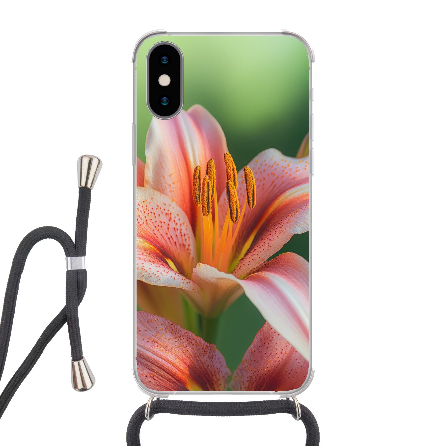 MuchoWow Handyhülle für Apple iPhone X Lilie - Nahaufnahme - Hellrosa, Tragbare Handyhüllen mit Kette zum umhängen, Handykette Handyband