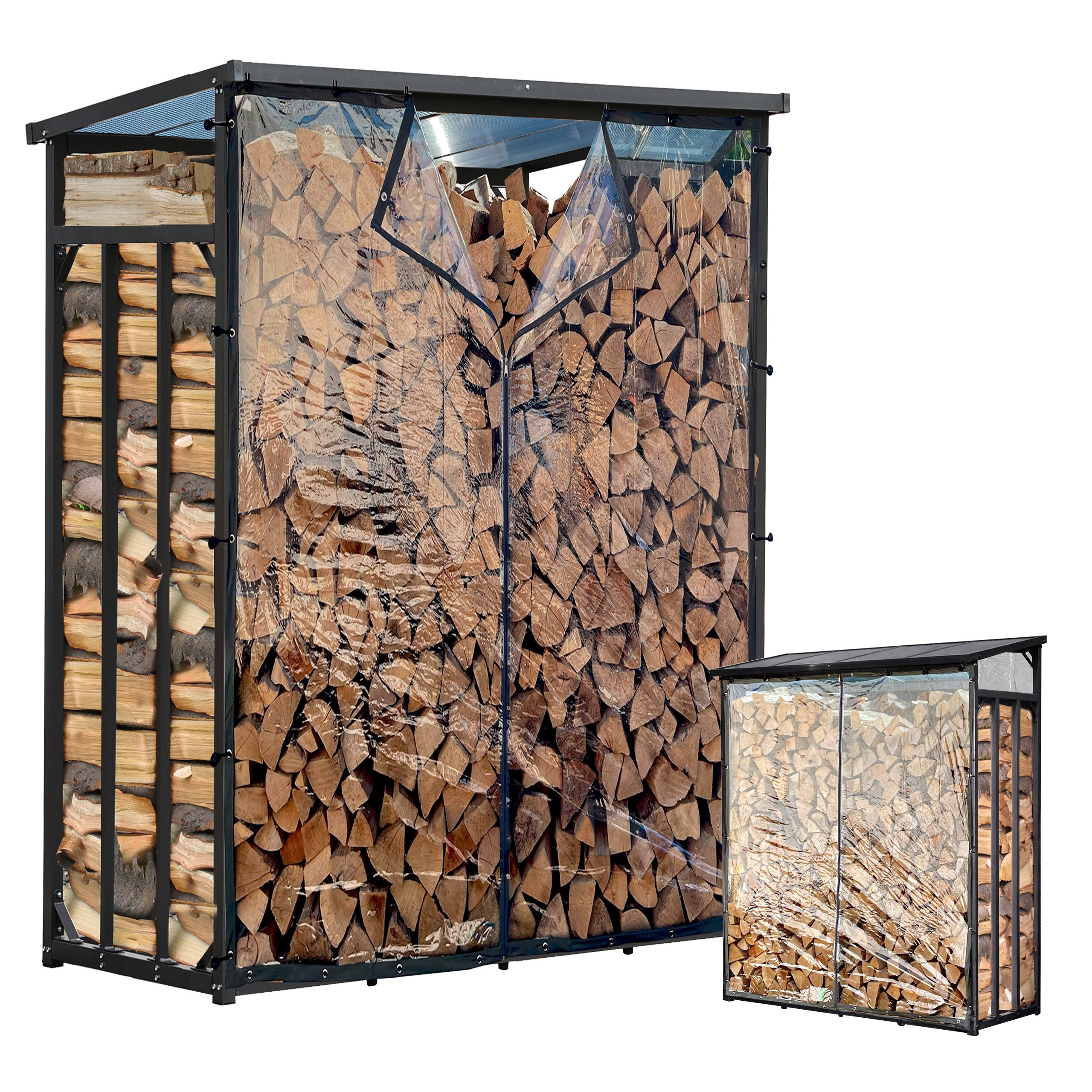Quick Star Kaminholzregal Wetterschutz Set für Kaminholzregale in Schwarz & Transparent, BxTxH:130x1x185 cm, Mit 22 Ösen, Spanngummis und Reißverschluss