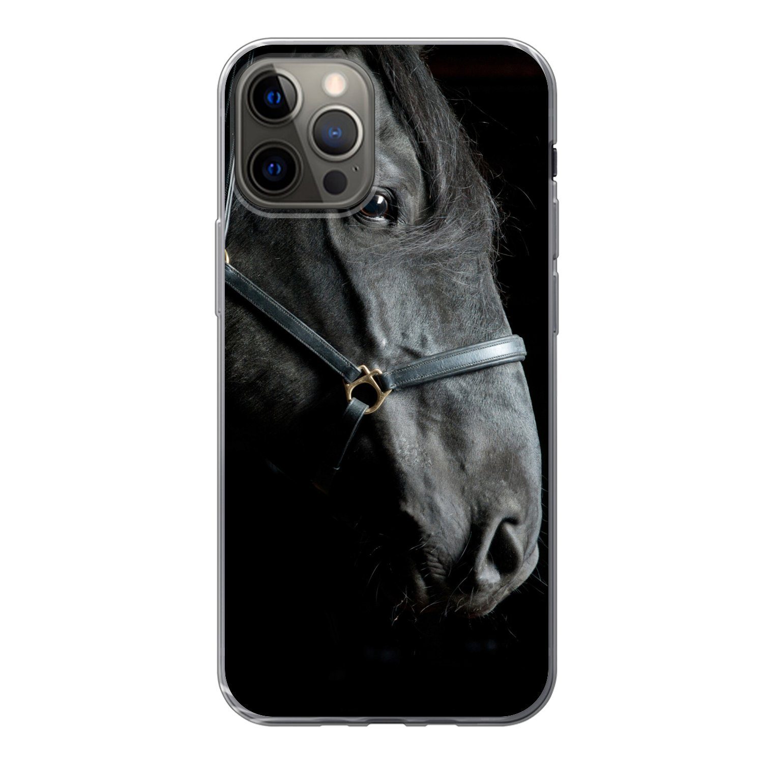 MuchoWow Handyhülle für Apple iPhone 12 Pro Pferd - Schwarz - Halfter, Smartphone-Bumper, Print, Handy Schutzhülle Dünn
