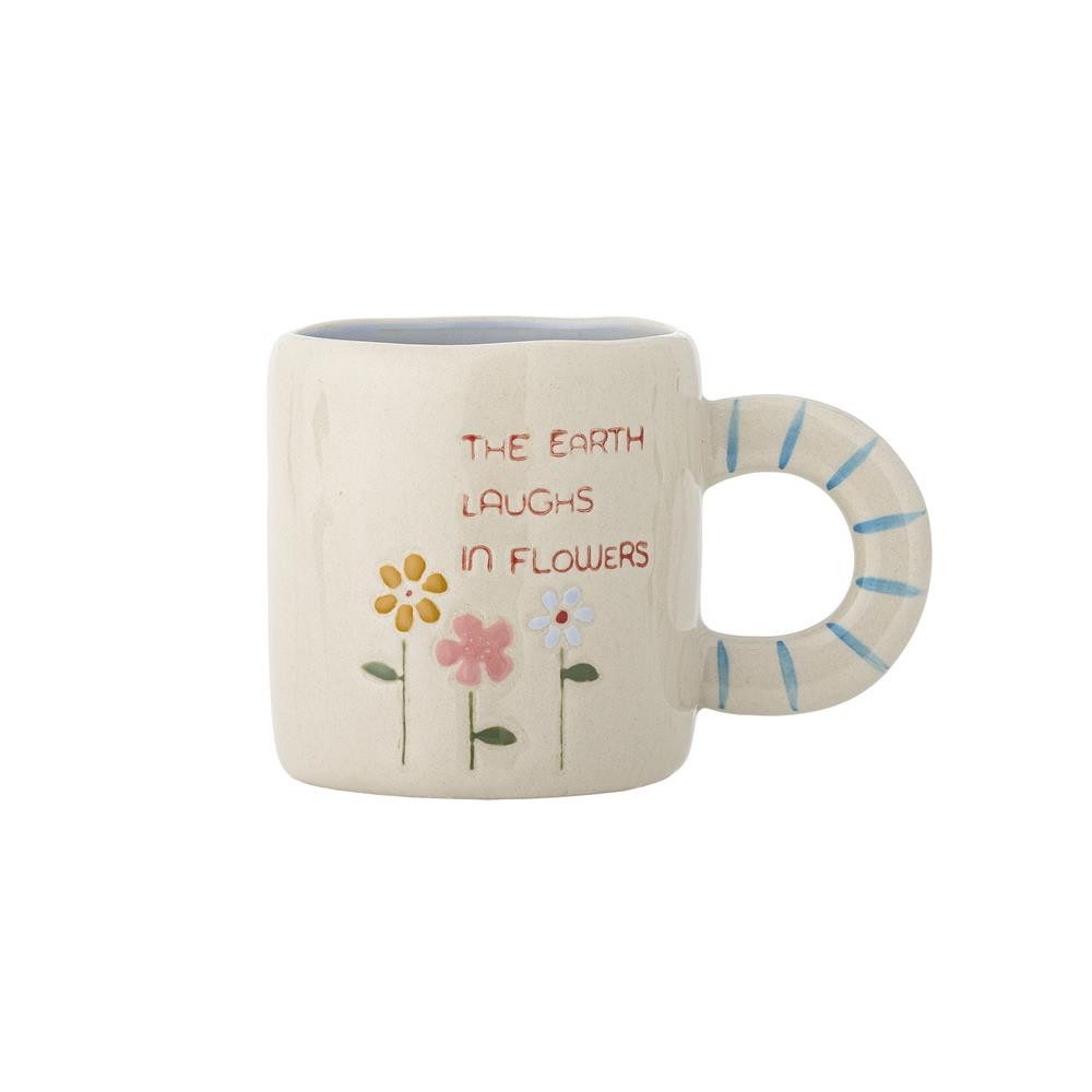 Bloomingville Tasse Cloudy, Steingut, Natur, Steingut, 225 ml, Schriftzug "The earth laughs in flowers"
