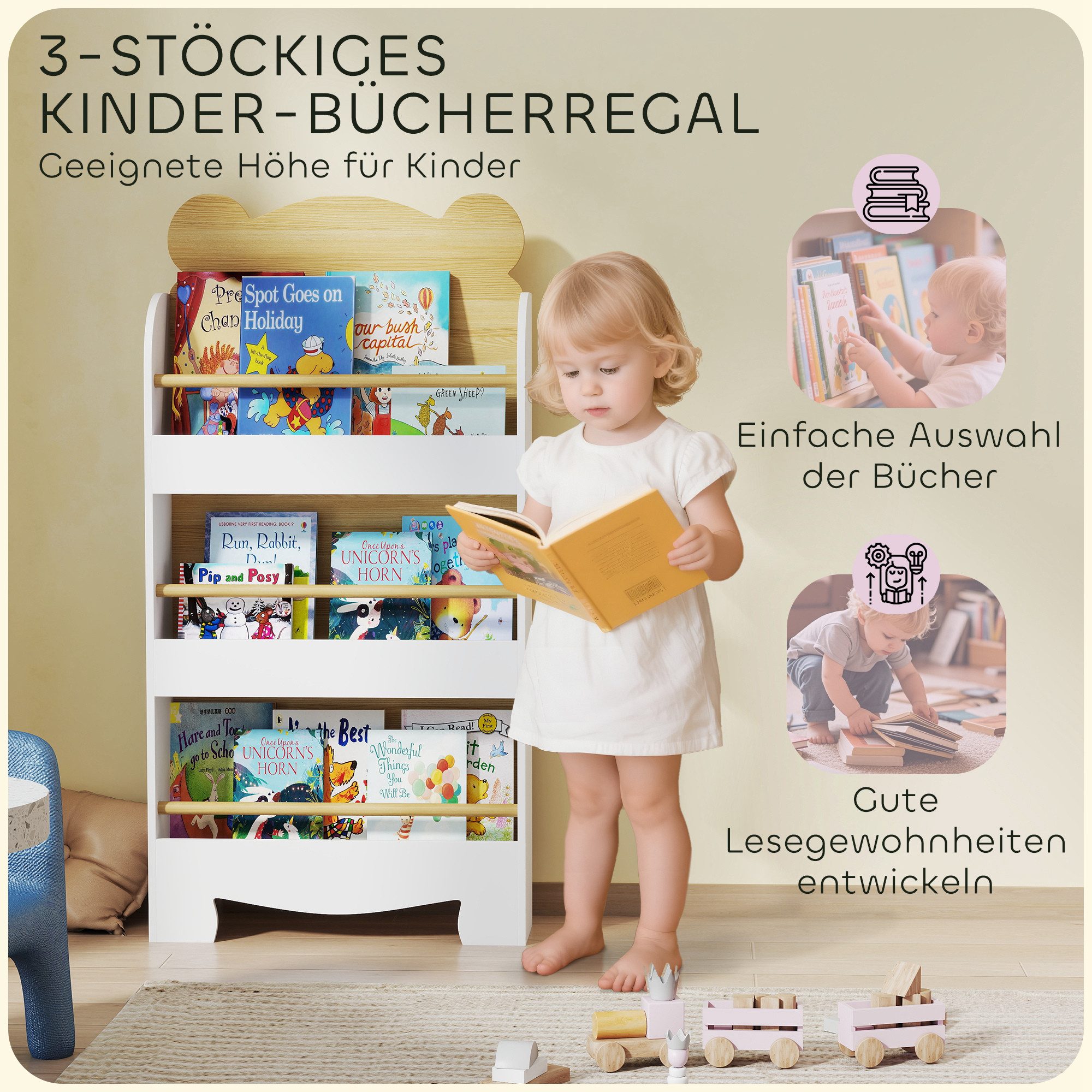 furnicato Kinderregal Bärenförmiges Kinderbücherregal 55L x 15B x 110H cm, 1-tlg., Kippsicheres Spielzeugregal mit Schutzgittern und abgerundeten Kanten