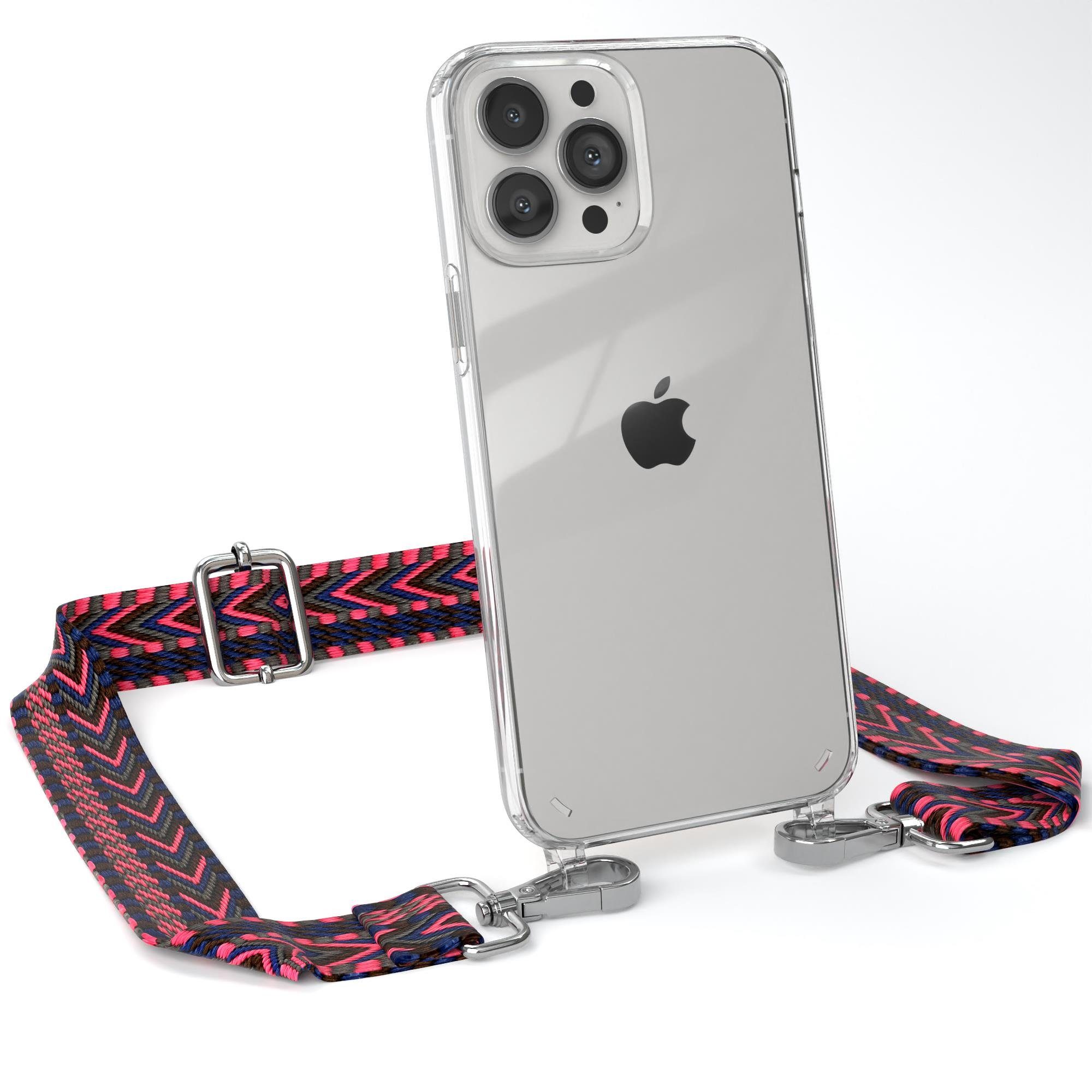 EAZY CASE Handykette Boho Umhängeband für Apple iPhone 13 Pro Max 6,7 Zoll, Verstellbarer Trageriemen mit Case transparent DIY Gürteltasche Pink