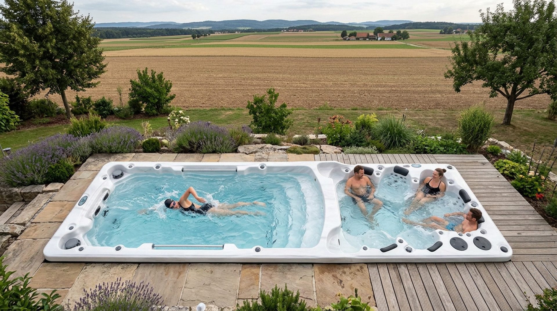 SPA Kompagniet Whirlpool Scandinavic Wood Art "Korfu" Swim Spa - 7P Doppelbecken mit 32-Zoll-TV, Aufstellbecken, (Komplett mit Doppelbecken, Thermo-Cover, 4 Filtern und 32-Zoll-TV), Luxus-Swim-Spa mit getrenntem Pool- und Spa-Bereich