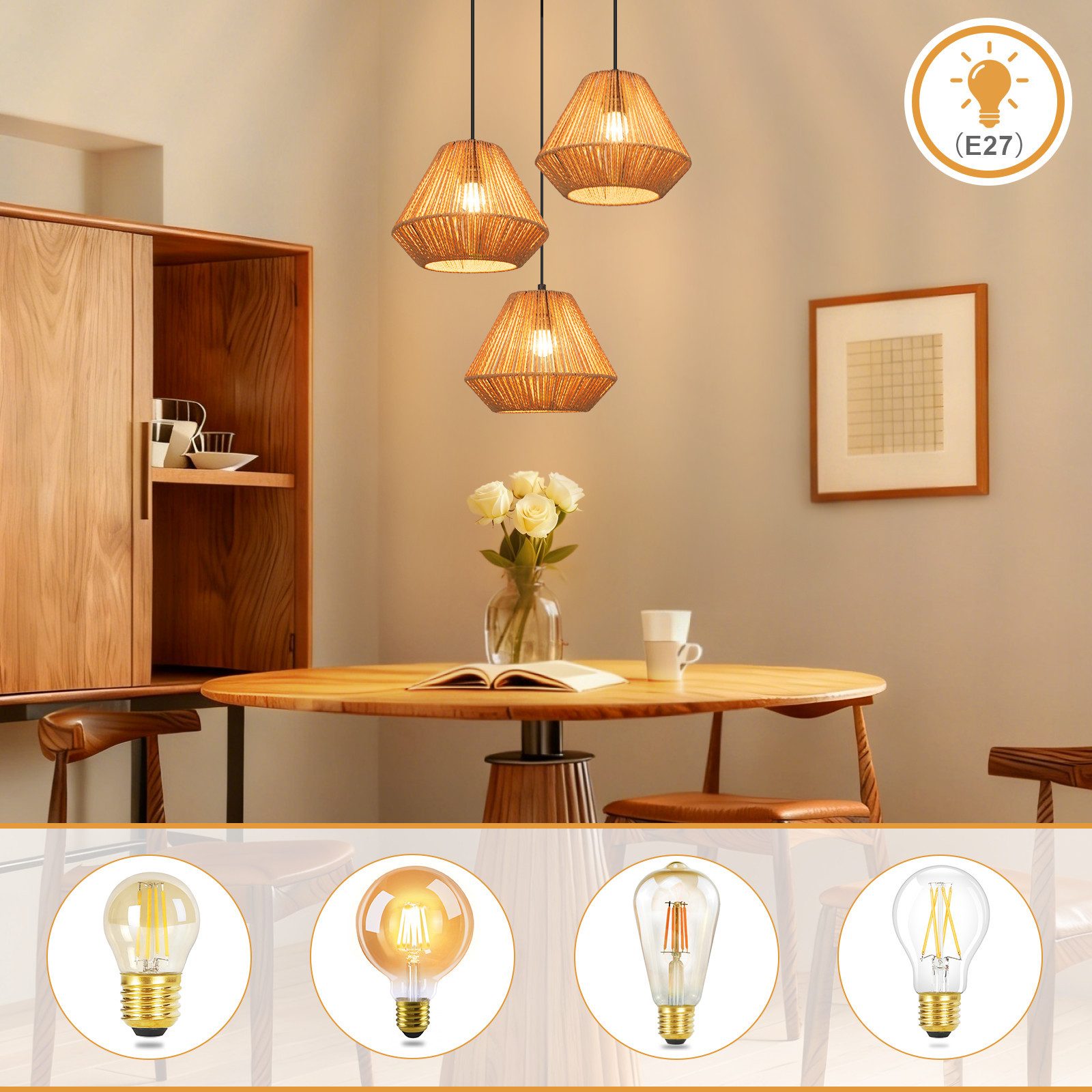 Nettlife Pendelleuchte Rattan 3 flammig Boho E27 Hängeleuchte für Esstisch, Ohne Leuchtmittel, für Esstisch Esszimmer Schlafzimmer Wohnzimmer – Bild 4 von 5