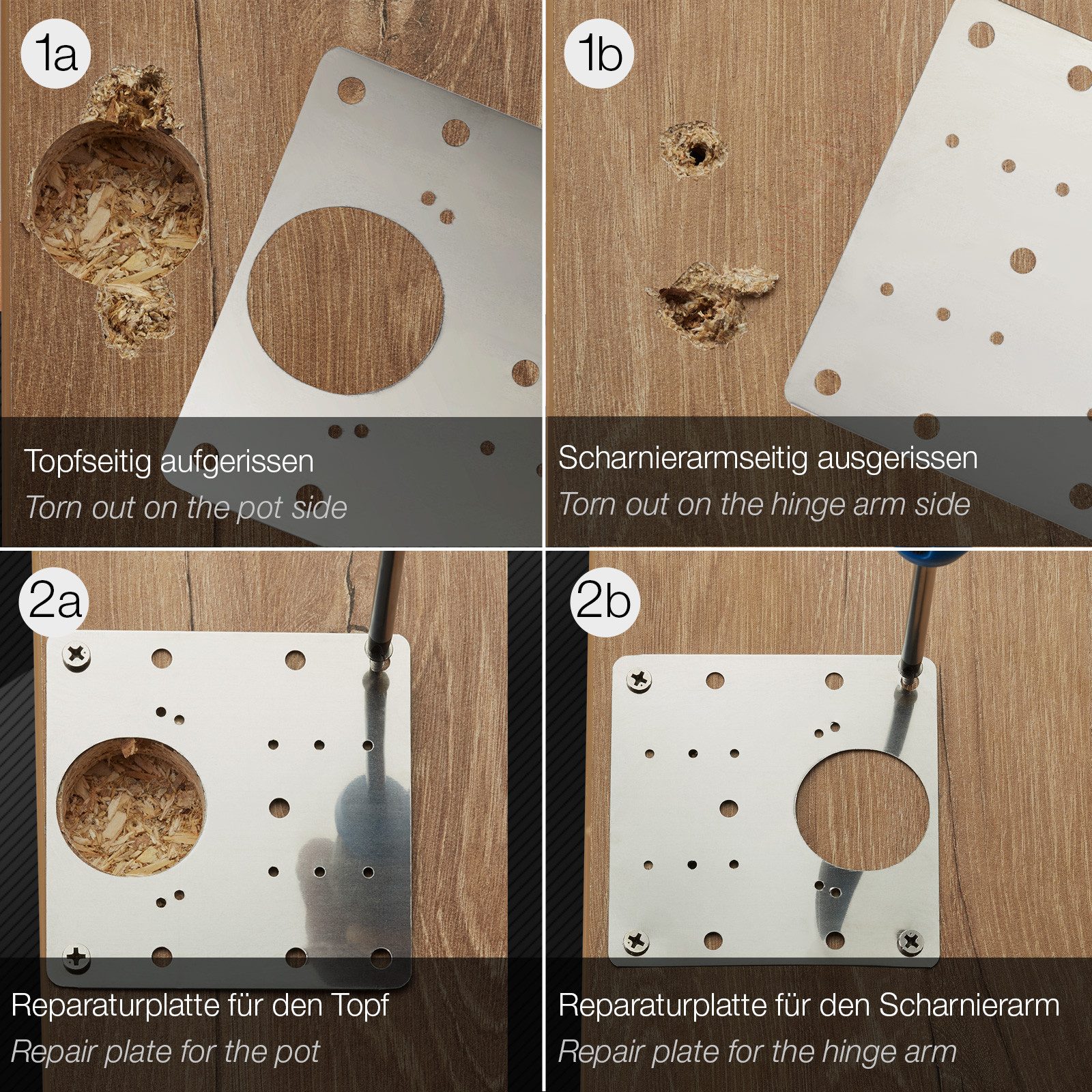 SO-TECH® Möbelbeschlag Topfband Reparaturplatten Edelstahl 90 x 90 x 0,53 mm (4 St), Reparaturset für Topfbänder mit Ø35 mm, Schrankscharnier Top – Bild 4 von 5