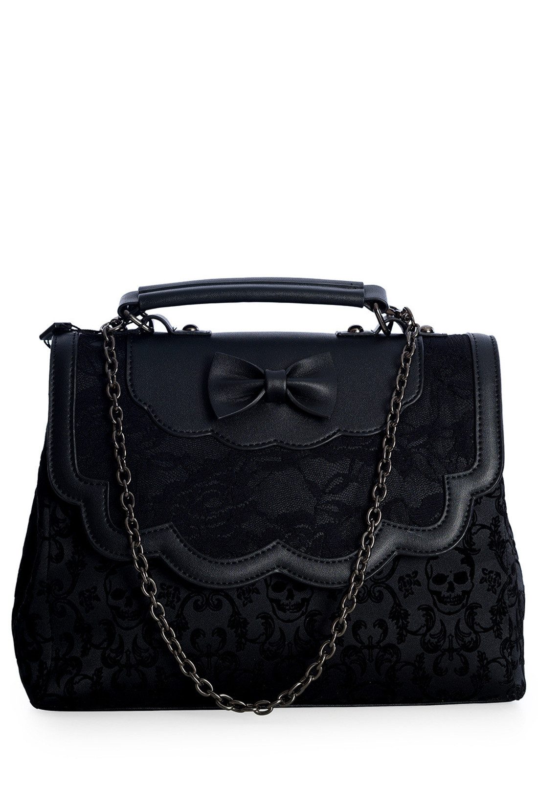 Banned Handtasche Scarlet Illusion, Damaskmuster Henkeltasche Schleife Totenkopf Motiv Gothic